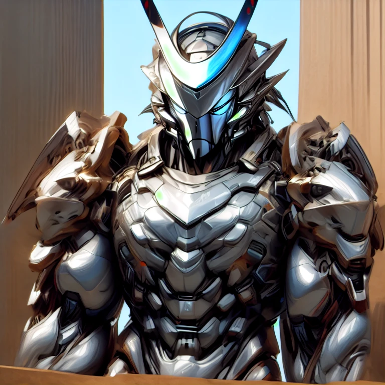 masterpiece, best quality, full body, 1boy, armor suit, upper body, looking at viewer, (Silver Samurai, full armor, cyborg, science fiction, combat helmet) holding sword,  Realistic Macro Furries