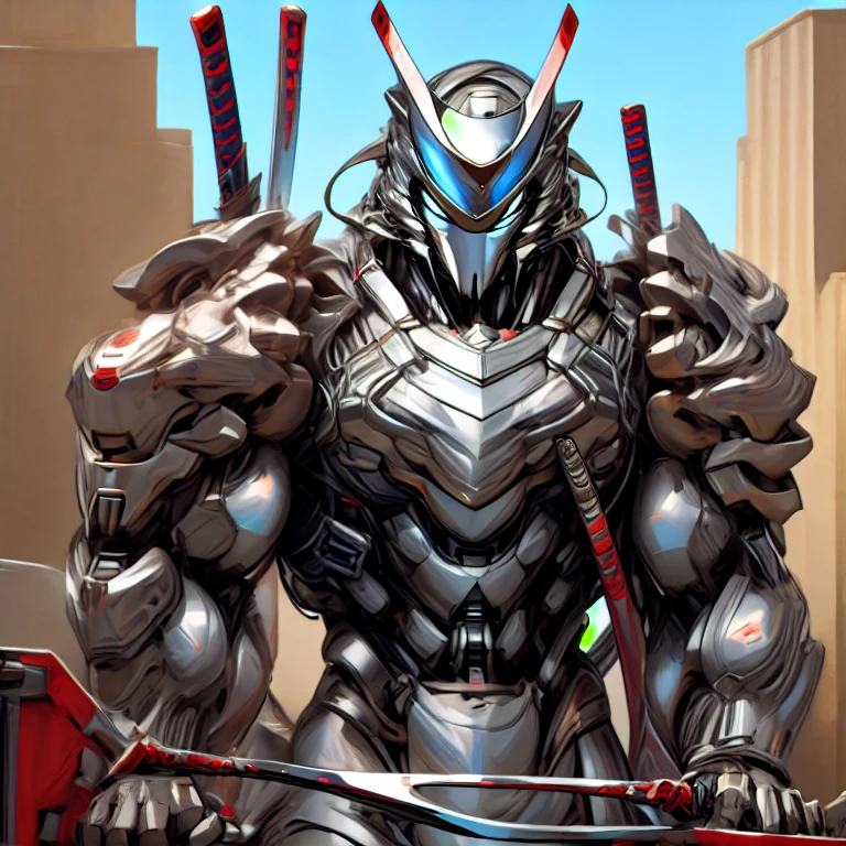 masterpiece, best quality, full body, 1boy, armor suit, upper body, looking at viewer, (Silver Samurai, full armor, cyborg, science fiction, combat helmet) holding sword,  Realistic Macro Furries