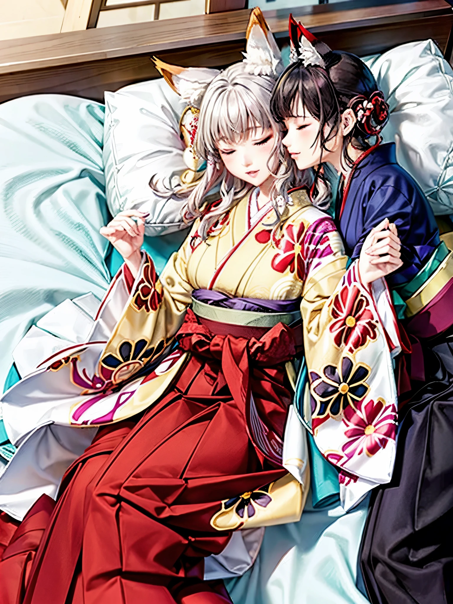 Anime, girl, woman, hakama, furisode, long hakama, floral kimono, fox, fox ears, fox tail, big ears, big tail, sleeping woman, sleeping face, two people hugging each other, hugging