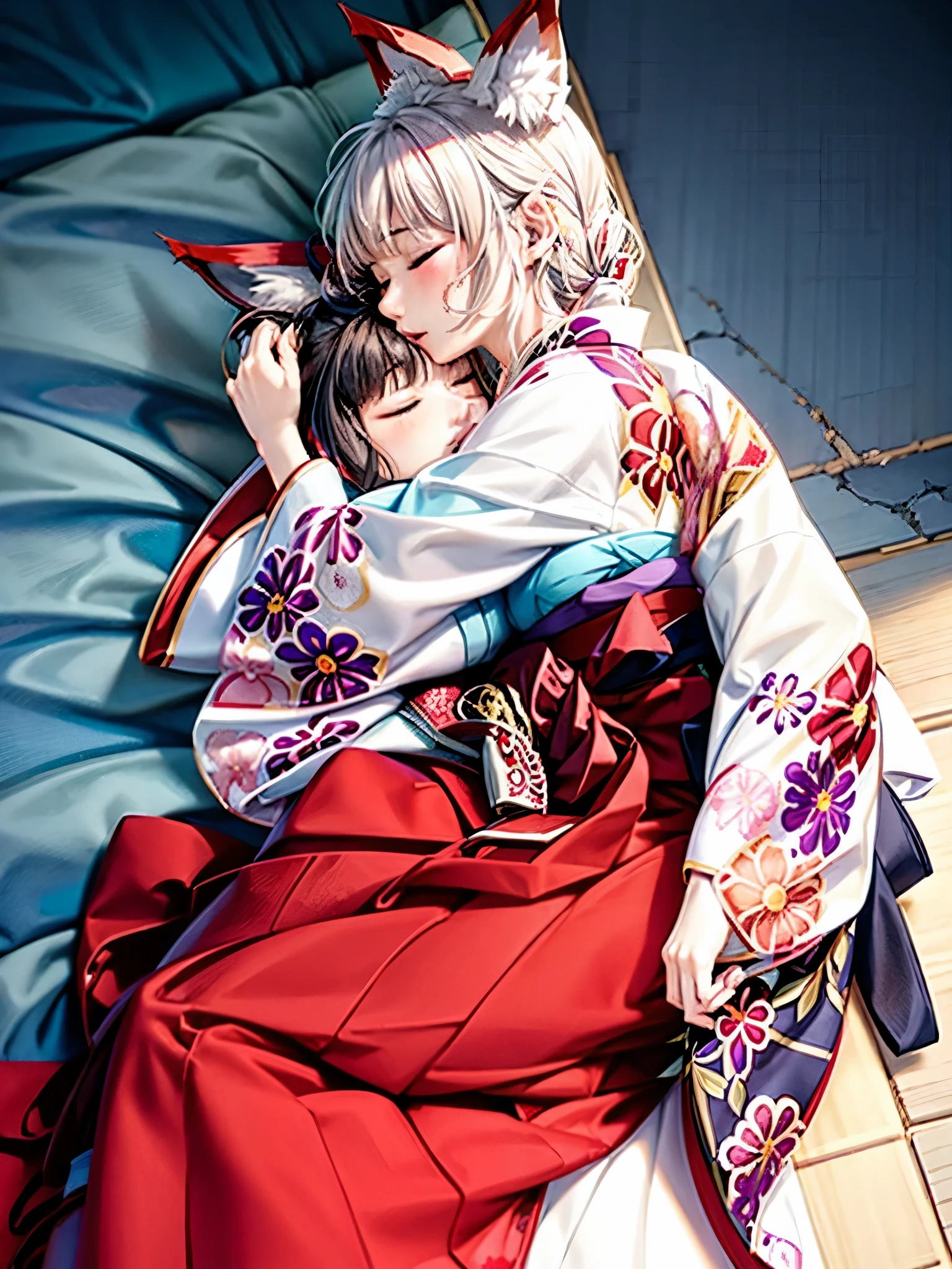 Anime, girl, woman, hakama, furisode, long hakama, floral kimono, fox, fox ears, fox tail, big ears, big tail, sleeping woman, sleeping face, two people hugging each other, hugging