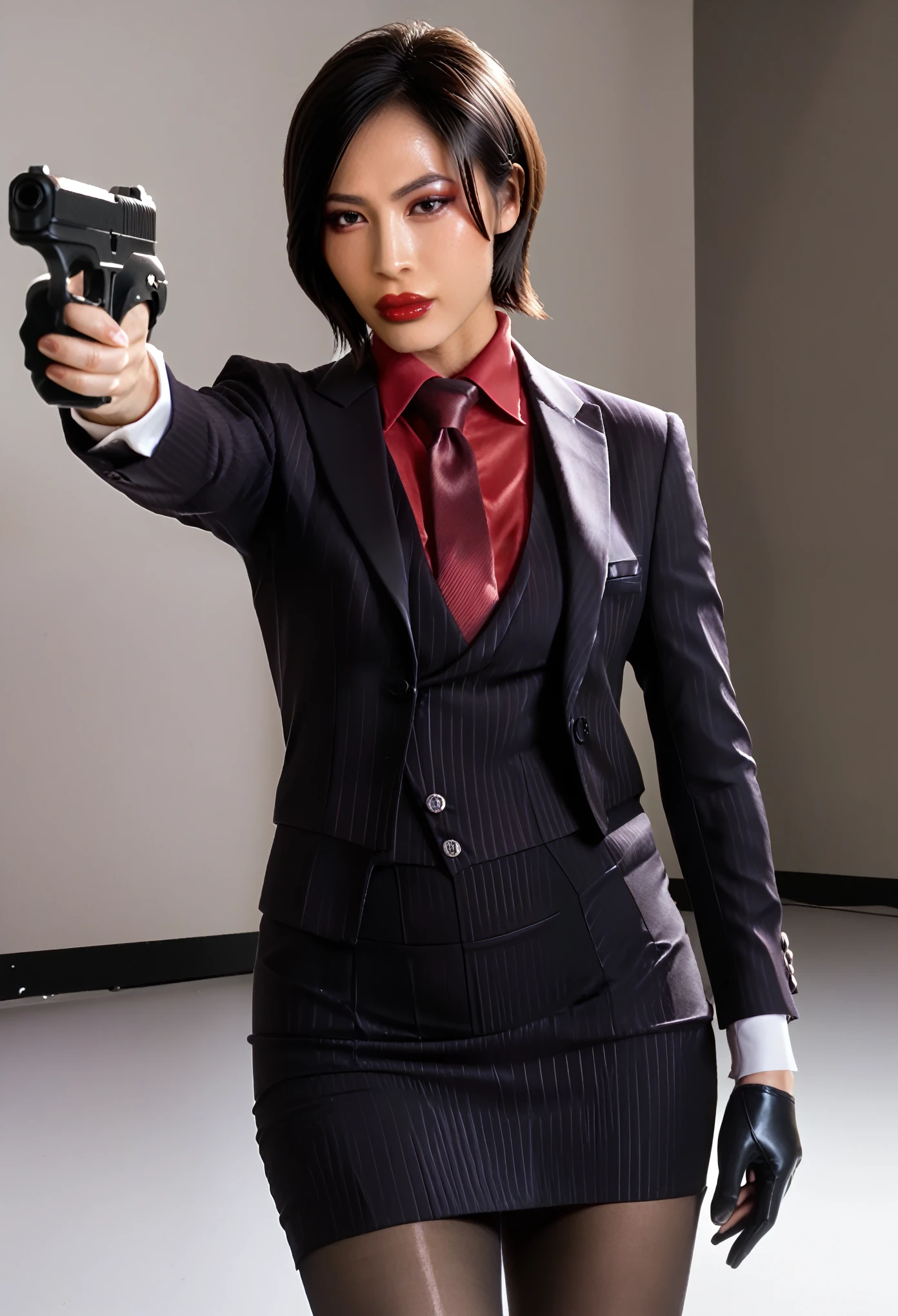 score_9, score_8_up, score_7_up, ada wong, awong_re4rm, three-piece suit,  formal, jewelry, ((waistcoat)), black pinstripe skirt suit, dress shirt, red silk necktie, blazer, suit jacket, bodycon pencil skirt, red shirt, suit trim, makeup, lipstick, black pantyhose, 1girl, posing, petite, perfect face, closeup, action pose, aiming gun, holding handgun, on alert, elegant, black leather gloves, red shirt cuffs, wet clothes, dark warehouse