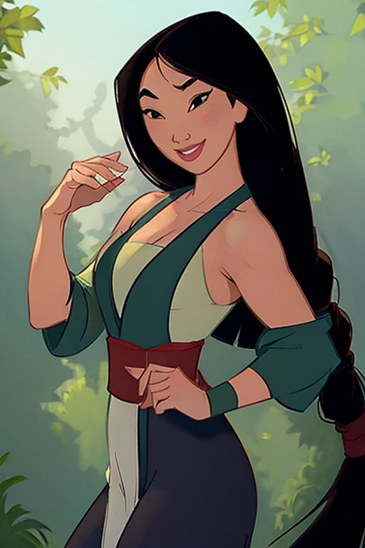 Sexy Busty Buff Muscular athletic Smiling cheerful Disney's Mulan with very long down loose hair down to her hips in the forest on a hot sunny summer day