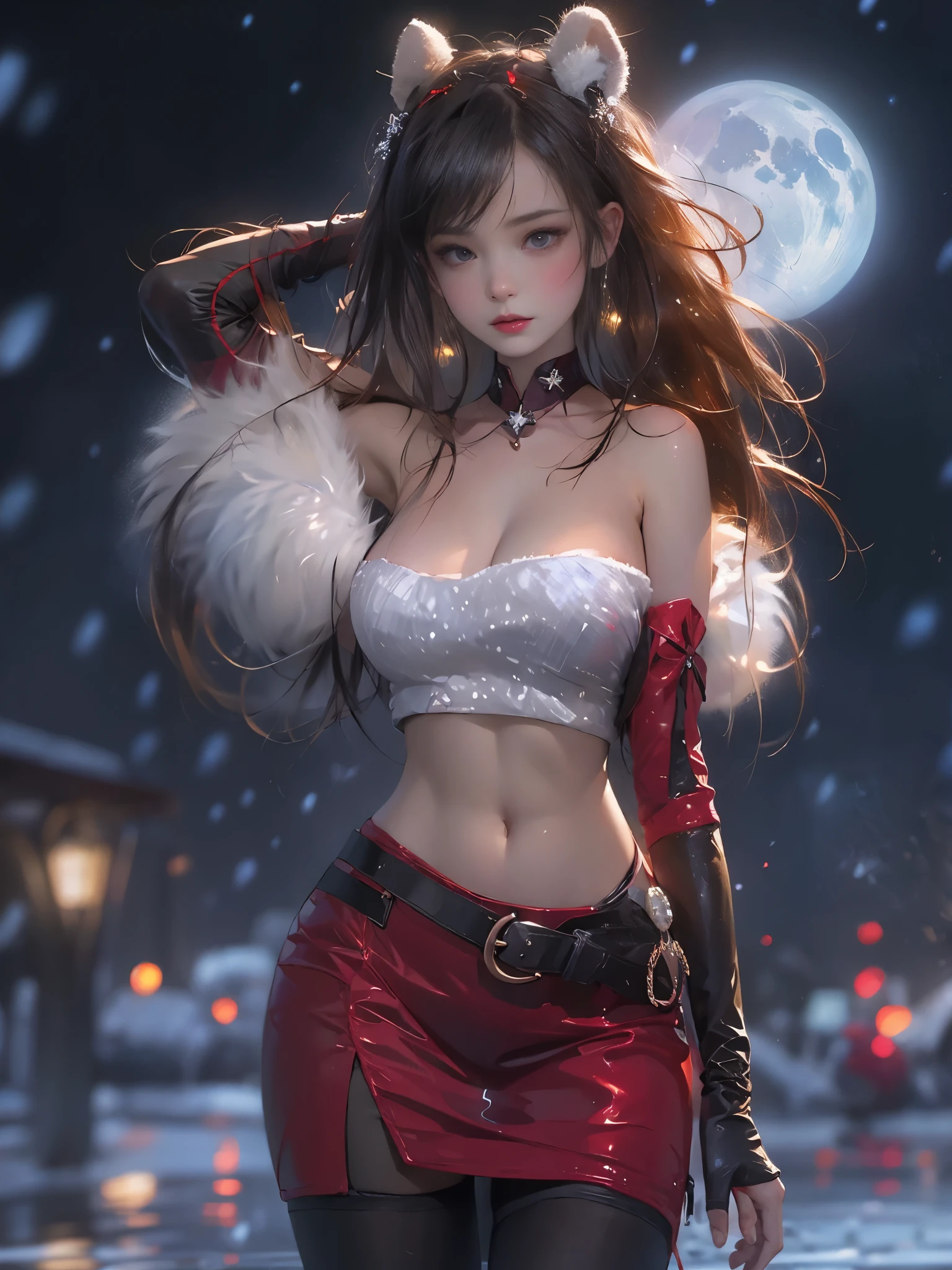 tutututu, bare shoulders, belt, crop top, red pencil skirt, miniskirt,christmas_dress,fur trim, red fingerless gloves, midriff, santa costume, rabbit tail, rabbit ears, fake animal ears, ((cowboy shot)), ((Hyperrealistic portrait of a slender)), ((natural breasts, large breasts)), sexy woman , Beautiful dance posture, Sexy long legs, one hand up the skirt, Full breasts, visible cleavage, night, dramatic moonlight illumination, pale skin glistening with droplets, long wet hair flowing, delicate facial features, high cheekbones, full lips, intense eyes, fine eyelashes, thin eyebrows, elegant neck, bare shoulders, collarbone visible, toned arms, slender waist, curvy hips, long shapely legs correctly proportioned, smooth skin texture, starry night sky reflected, mist hovering over water surface, 8k resolution, photorealistic detail, cinematic lighting, volumetric fog, ray tracing, subsurface scattering, high dynamic range