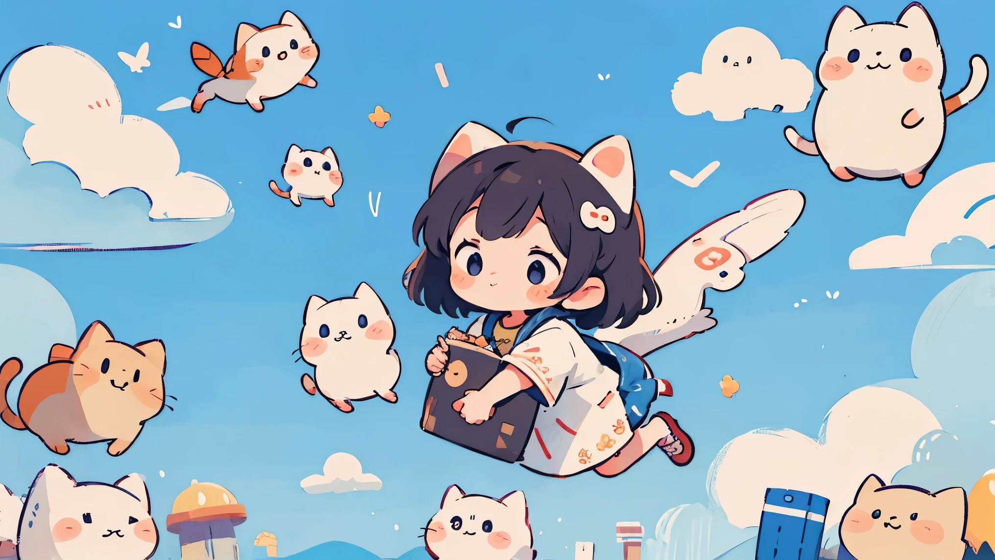 masterpiece, Best Quality, 8k, Cute Girl Chibi,cat,Flying in the sky