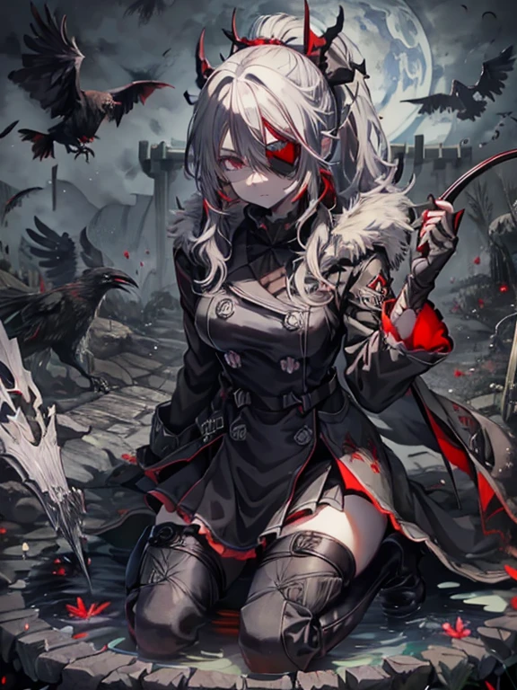 Gray Hair　Red Eye　Black clothes　Sickleを持っている　boots　Eye patch　Kitchen 2 Sick　nice　Crow　Sickle　dark　dark darkness　大Sickle　grim Reaper　evil　ponytail　Long coat　boss　ラスboss　Red Moon　Blindfold