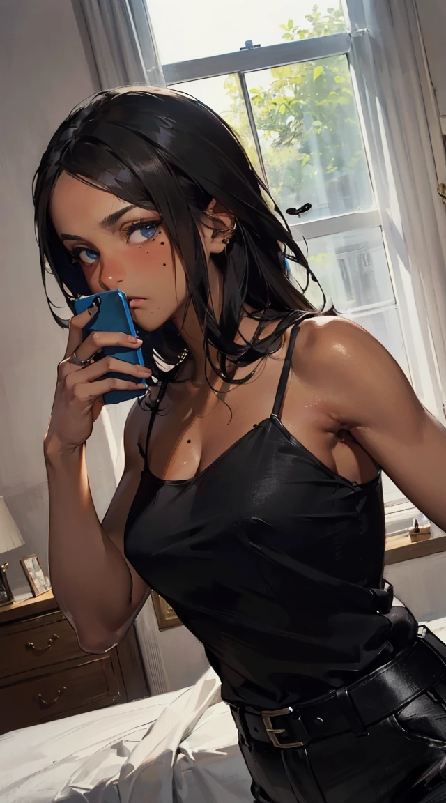(hews art style:0.8), score_9, score_8_up, score_7_up, score_6_up, uncensored, yukinoshita yukino, black hair, long hair, grey eyes, BREAK (masterpiece:1.2), best quality, high resolution, (detailed eyes:1.3), perfect lighting, (perfect hands, perfect anatomy), small breasts, 1girl, phone, weapon, solo, sword, cellphone, breasts, holding_phone, holding, katana, smartphone, sheath, japanese_clothes, cleavage, selfie, holding_weapon, holding_sword, grey_background