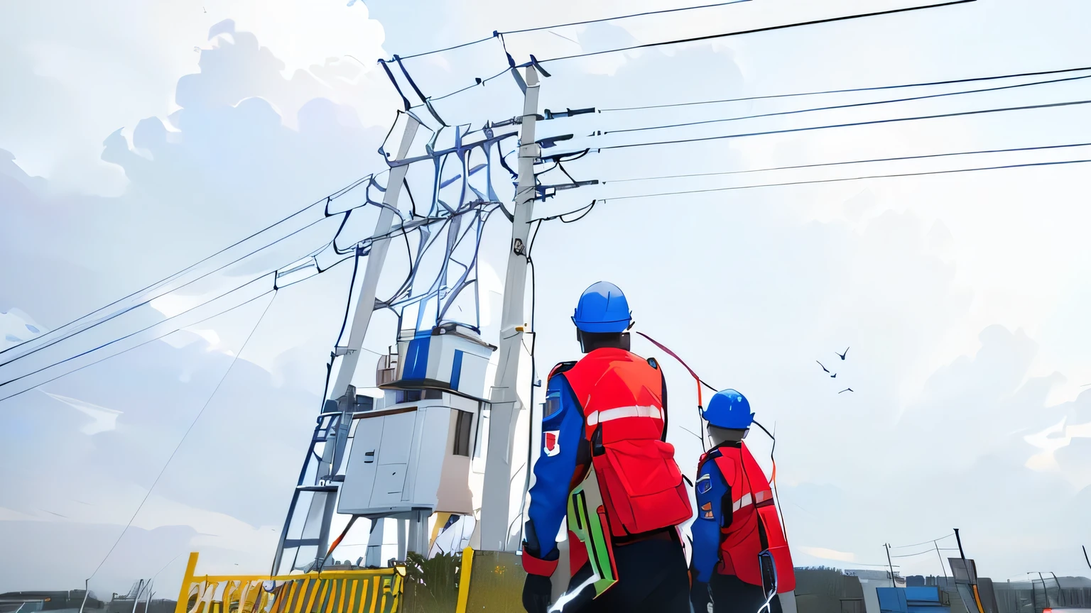 Two workers wearing protective masks,Hold a clipboard in front of the wire, engineer, Professional work, Advanced technology, Taoist, Portrait, Skilled, 2 0 2 2 photo, shaxi, Energetic, superior look, Maintenance, DSRL photo, ji-min, Power superpowers, intense knowledge, the photo shows a large, Photo portrait, No background