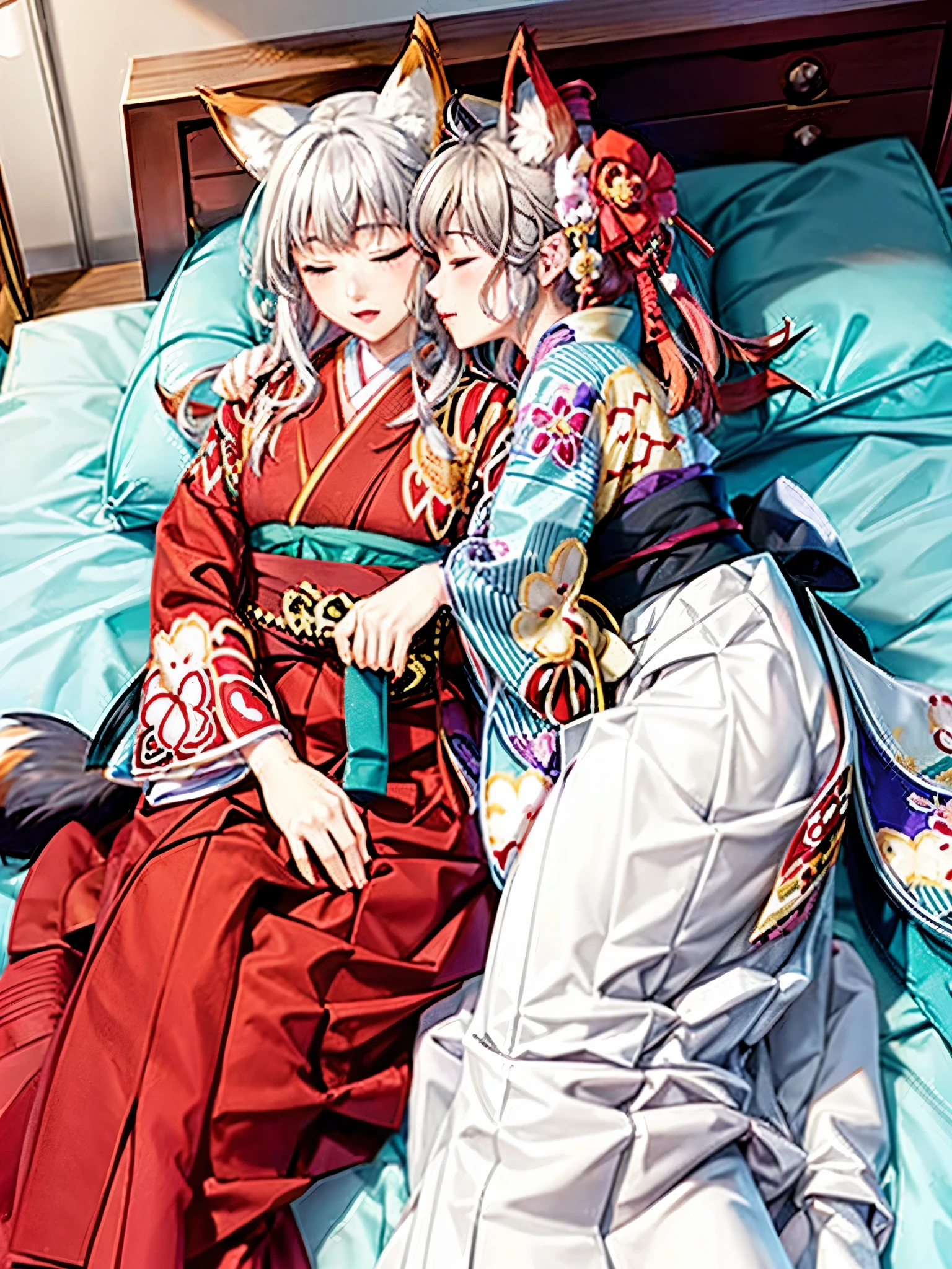 Anime, girl, woman, hakama, furisode, long hakama, floral kimono, fox, fox ears, fox tail, big ears, big tail, sleeping woman, sleeping face, two people hugging each other, hugging