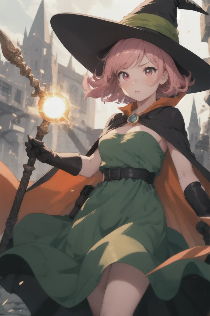 AS-Young V2,
(8k,  masterpiece of the highest quality, High resolution), Fantasy,
cute顔, cute, Very big eyes, Aesthetic anime eyes, Small Face,
Wizard \(dq3\),
short hair, Pink Hair, Red eyes, Large Breasts,
witch hat, gloves, Green Dress, Orange Cape,
staff,
witch,
Contempt, 
battlefield, Finding, Casting a Spell,
Particles of light,
wasteland,
One girl, Alone,