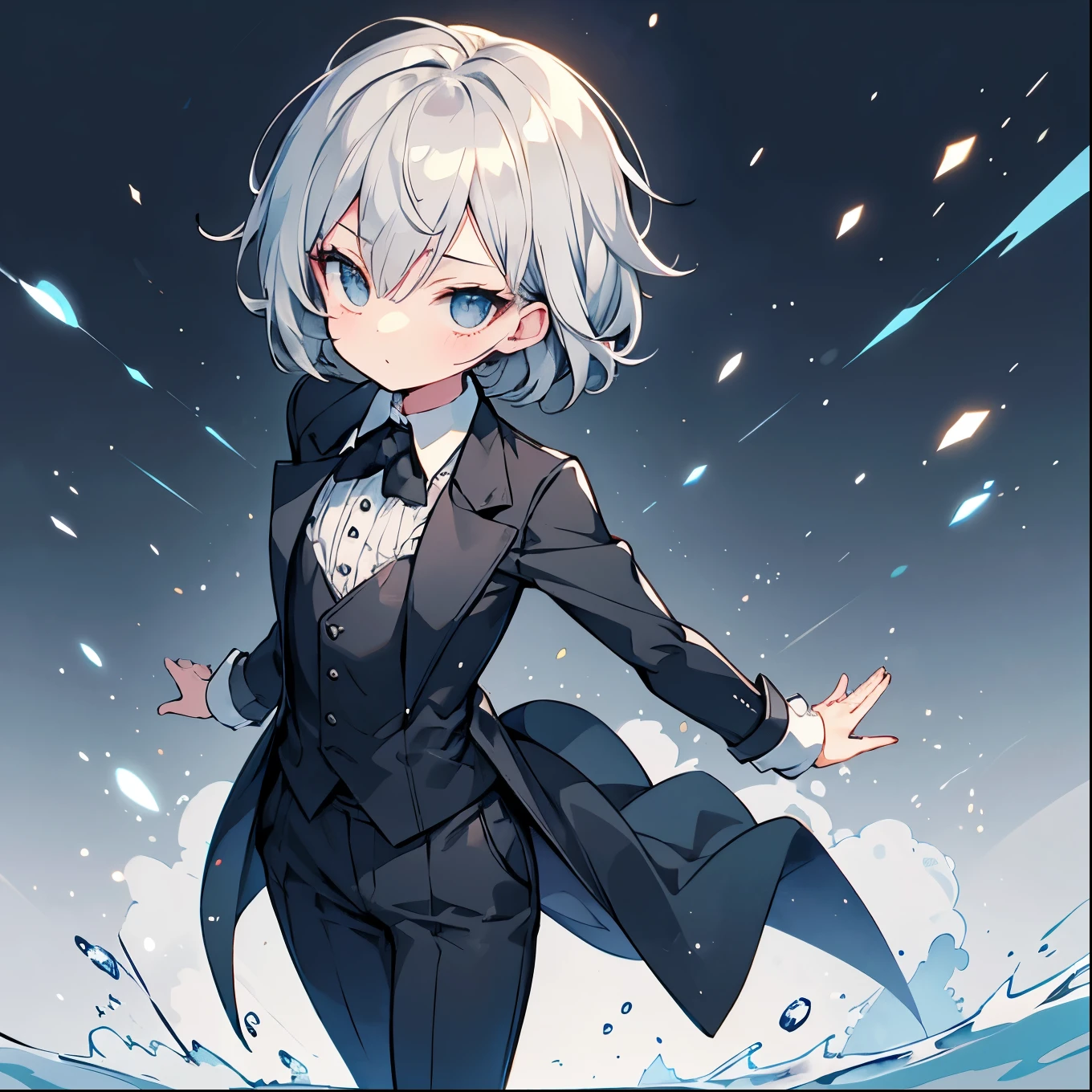 Best Quality, Super Fine, 16k, Incredibly absurd, Very detailed, 2.5D, Delicate and dynamic, (One Girl), Big, cute, droopy black eyes, Silver messy short hair, Captivating look, Flat Chest, ((Butler)), (A well-fitted suit)