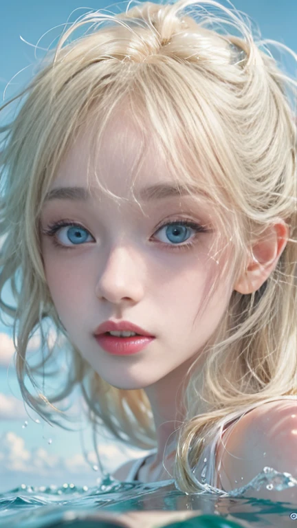 (masterpiece: 1.2, Portraiture, Best Quality), Realistic, (live-action, Intricate details, Written boundary depth), Best Quality, masterpieceAttention to detail, semi-Realistic, Swimming in the lake, shy, 2, Short blonde, blue eyes, blonde、 Slim figure、Bare shoulders、Shorts and T-shirt 、Blue sky and a few clouds、Bare shoulders