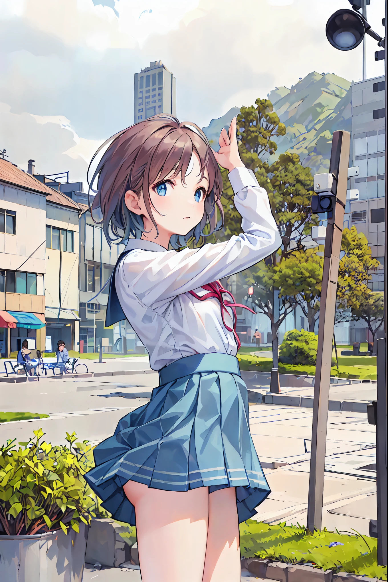 Brown Hair，Shortcuts，Disheveled Hair，Slender beauty，hole々Positive Attitude，Small box，Beautiful legs，Her mesmerizing grey-blue eyes shine like stars，(masterpiece:2.0), (Best Quality:2.0), (Ultra Mini Skirt, Super short length, Schoolgirl uniform:1.5), (Side view:1.5), (Sexy pose:1.5), (Red face:1.3), (Realistic:1.5), 1 , Precision small handle, Embarrassed look, smile, Very nice girl, Innocent face, Young Face, Clear Eyes, 輝く目Small box, Beautiful Skin, Super Resolution, Highest Resolution, Japanese high school students, Blazer uniform，Brown Hair, In the park