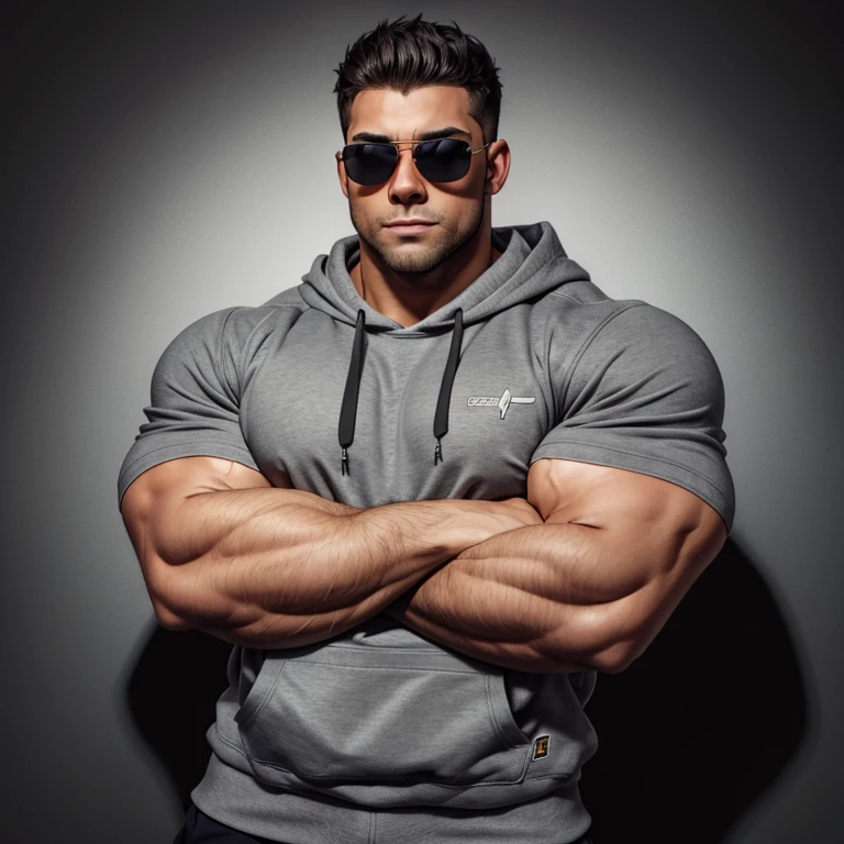 large muscles, bodybuilder, a very handsome young man, sunglasses, wearing a gray sweatshirt, very muscular, on a black background