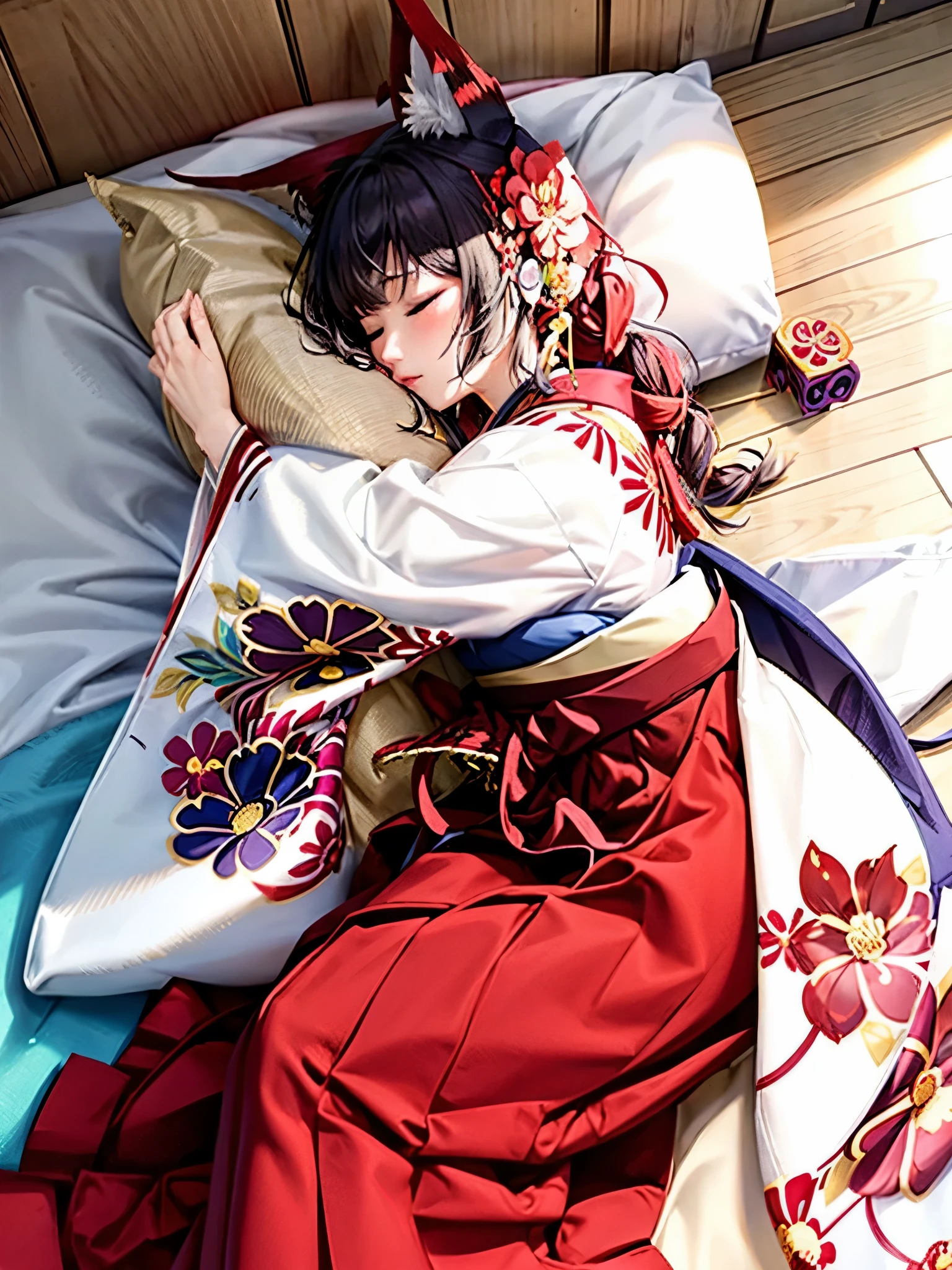 Anime, girl, woman, hakama, furisode, long hakama, floral kimono, fox, fox ears, fox tail, big ears, big tail, sleeping woman, sleeping face, two people hugging each other, hugging