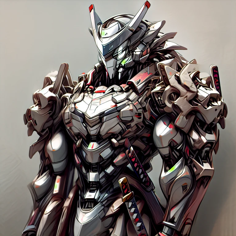 masterpiece, best quality, full body, 1boy, armor suit, upper body, looking at viewer, (Silver Samurai, full armor, cyborg, science fiction, combat helmet) holding sword,  Realistic Macro Furries