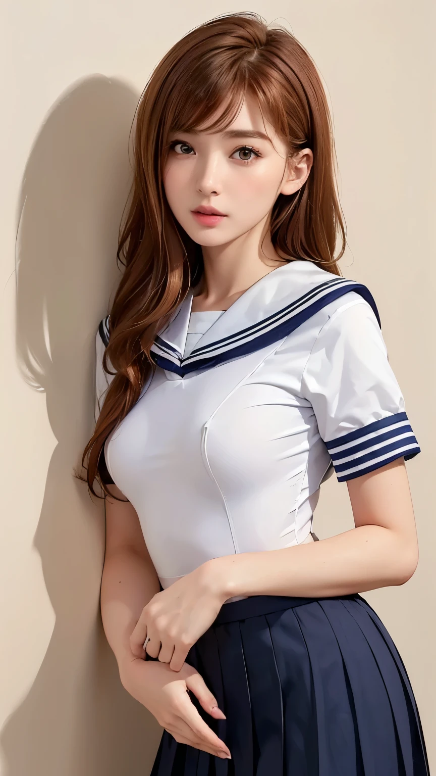 (Best Quality, 8k, 32K, masterpiece:1.2), (RAW Photos), (Realistic), (Realistic:1.2), (High resolution), Very detailedな, Very beautiful face and eyes, 1 girl, Round and small face, Big breasts and small waist、(((Small breasts)))、(((White wall background)))、Slim figure, (uniform, Sailor suit、白いSailor suit, Dark navy pleated skirt:1.23), (Bust Shot)、(((Redhead)))、((short sleeve Sailor suit))、(close、Best Quality、Attention to detail、Rich skin texture、)、(Best Quality, 8k, Tabletop:1.2), Very detailed, (Realistic, Realistic:1.37), (((whole bodyショット)))、Bright colors, (((Hold hands)))、(((Sexy vibe)))、(((20-year-old woman)))、((Bust isDcup))、(((Light Brown Hair)))、(((White background)))、(((Clevis)))、(((Girly Hairstyles)))、(((Long Hair)))、(((In front of a white wall)))、(((Light Brown Hair)))、(((Place your hand on your cheek)))、(((There's a wicked smile on his face)))、(((Chest circumference is 85cm)))、(((Small breasts mischievous expression)))、Standing posture、whole body、Cute pose、Ultra mini skirt、Panty shot、smile