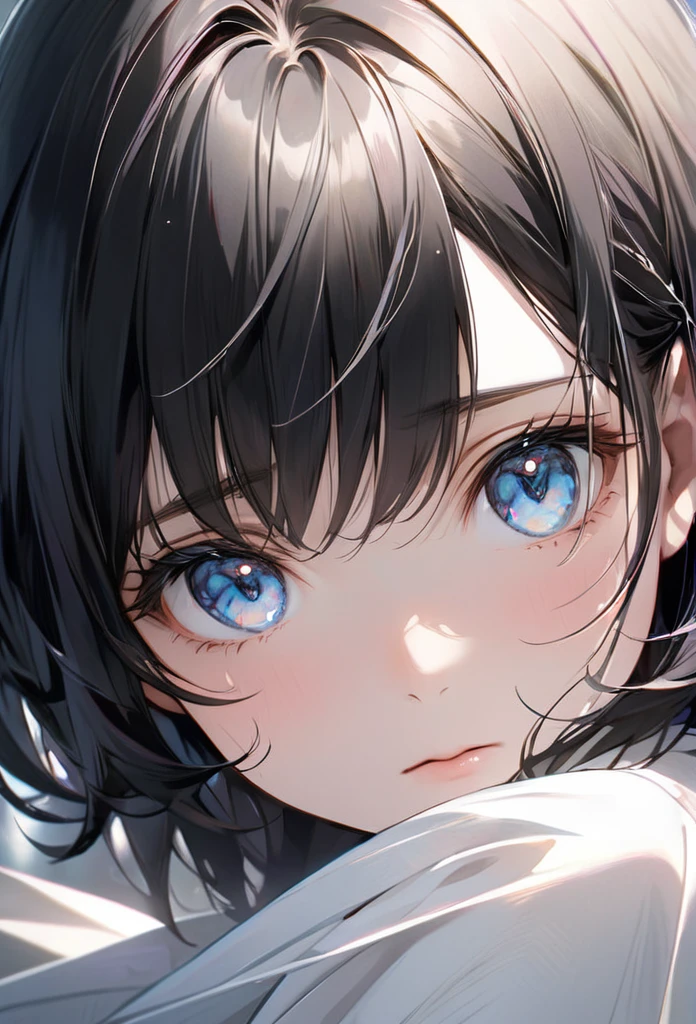 (masterpiece), best quality, perfect face, looking at viewer, (black hair, side bangs), expressive pale blue eyes:0.7, (depth perception:0.7), ((torso)), ((centered)), glowing eyes, ((seductive eyes)), feminine, smile, close-up, neck choker