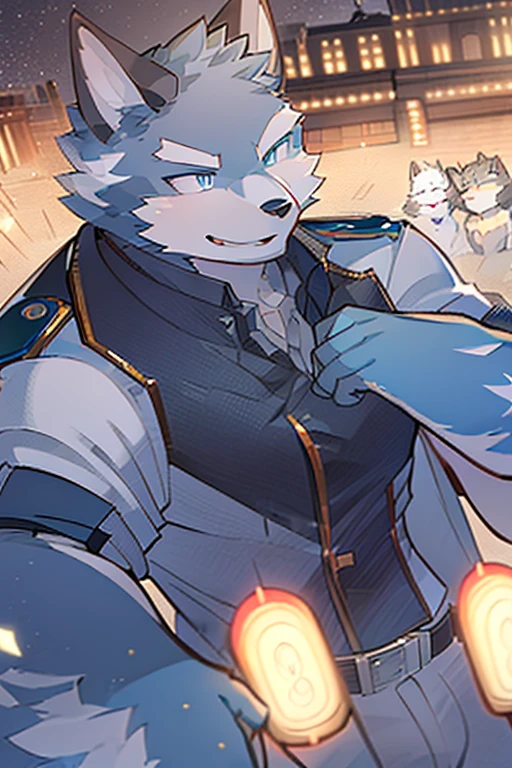 Exquisite lines,best quality。university student,male,handsome, Gray fur,grey ears,body torn, gun hand, gun, cop hat, bodyguard Background of the entrance of the city community in the evening,Direct vision,smiling,Happy Mood,greet,Blue eyes,Wolf Orc