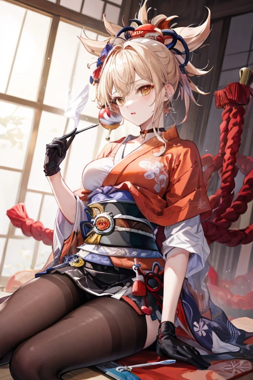Realistic image, detailed image, 1 girl (Raiden shogun). She has short, strawberry blonde hair, cut short, pulled back in a high ponytail and leaves a lock loose on the left side of her face. She wears many festival and fireworks themed hair accessories, her eyes are a golden color and she wears bright orange eyeliner. short red kimono but with only one sleeve worn. Her right sleeve is rolled up past her elbow and tied with a string. The left half of the kimono is wrapped around her waist, and her black floral-patterned sleeve falls behind her around her knees. It is held up by an obi belt and exposes the upper left section of her body. Her chest is wrapped in a sarashi, as is her left forearm and upper thighs, extending down her right leg. Her black obi is tied in a nice knot, but is also decorated with a red string that becomes a large bow behind her. Big breasts, slim waist, wide hips and thick thighs. She is smiling. She's posing with one leg raised while winking. She has her hands raised and her back arched. Bottom view. Panties view. Plain background. Volumetric light. Ambient light.