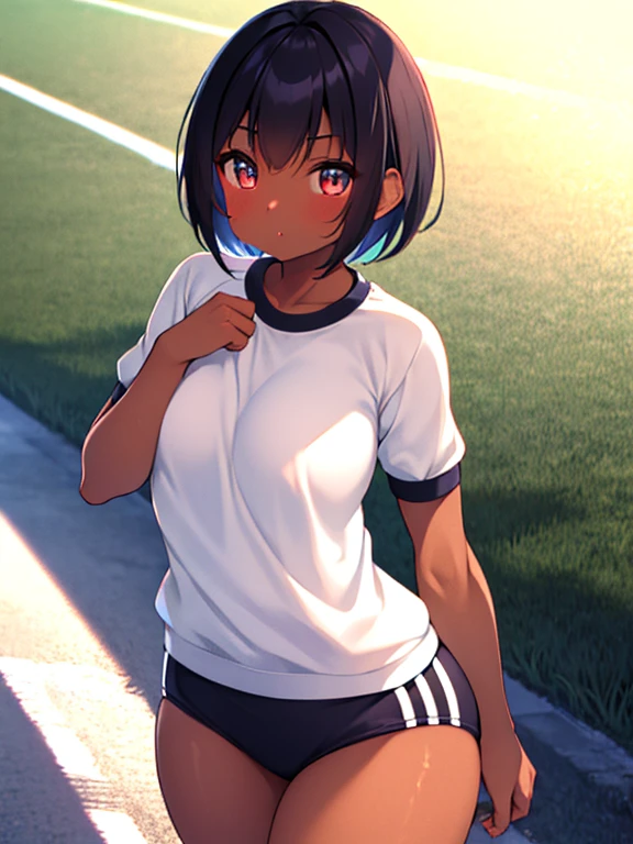 buruma, black buruma, (white short sleeve gym uniform:1.2), 1girl, short hair, (dark skin:1.3), (tanned skin:1.3), boyish girl, high school, school yard, daytime, outdoors, cowboy shot, (best quality, 4k, 8k ,highres, masterpiece:1.2), ultra-detailed, detailed eyes, detailed lips, extremely detailed face, longeyelashes, beautiful girl, beautiful detailed eyes, beautiful detailed lips, dynamic pose, natural lighting, vibrant colors, cinematic composition,