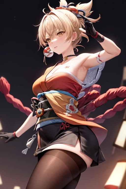 (Masterpiece), Best quality, yeux expressifs, visage parfait,Session W, w assis par terre, bras entre les jambes, les deux bras entre les jambes, anime character,Impact de Genshin,femme,,grosse poitrine, bonne poitrine,mains entre les jambes, H-cup, yoimiya_genshin
