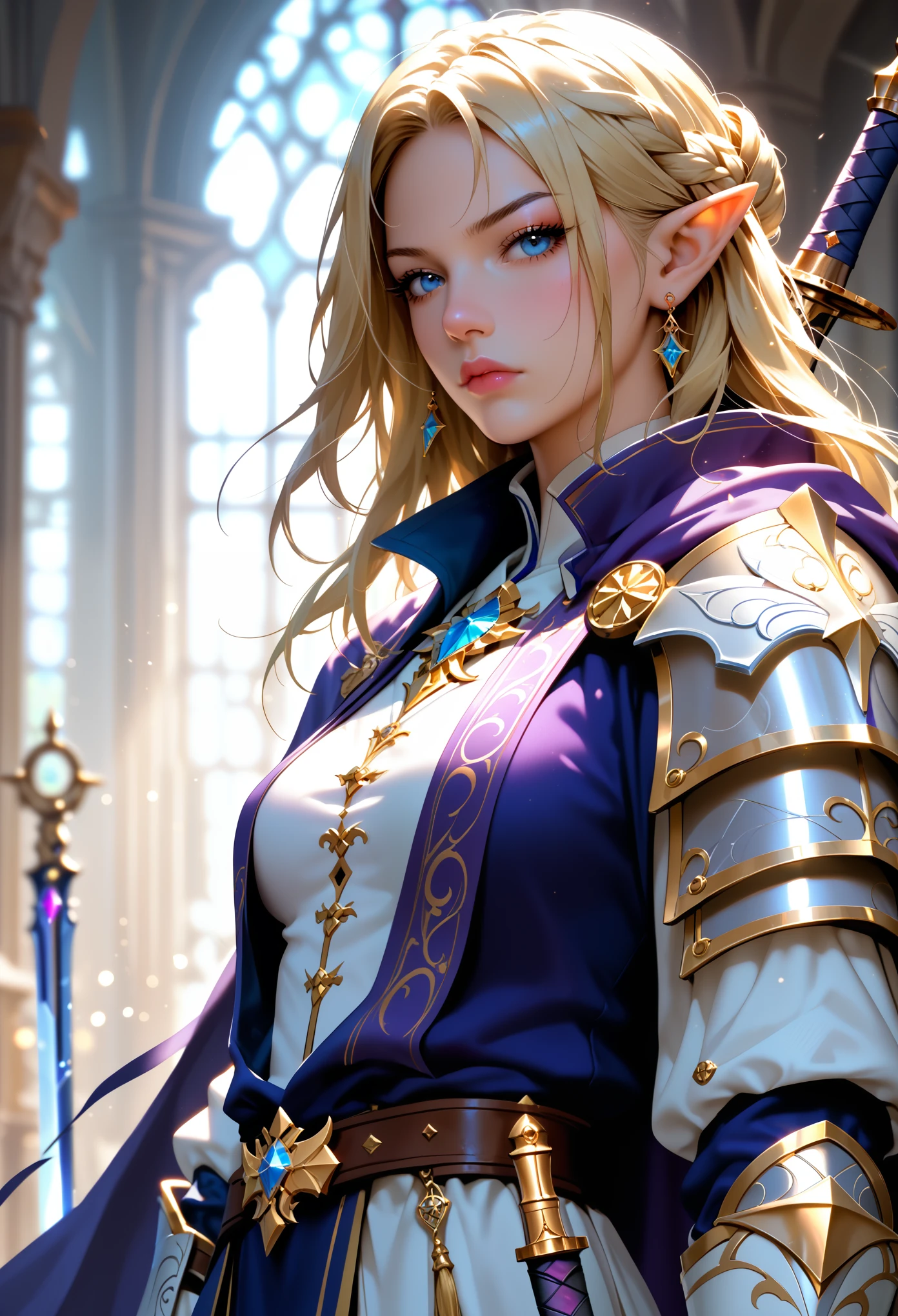 female elf, (Masterpiece 1.5, intense details)cleric, paladin, (Masterpiece 1.5, intense details), casting a spell (Masterpiece 1.3, intense details),wearing heavy white armor (Masterpiece 1.2, intense details), purple cloak with sun symbol, flowing (Masterpiece 1.5, intense details) holy symbol, armed with  (radiant long sword: 1.3),  blond hair,  frown, serious, high detail, Realism, Action painting, depth of field, god rays, wide shot, panorama, Ultra-Wide Angle, UHD, super detail, high quality, 16K, highres, art by mooncryptowow