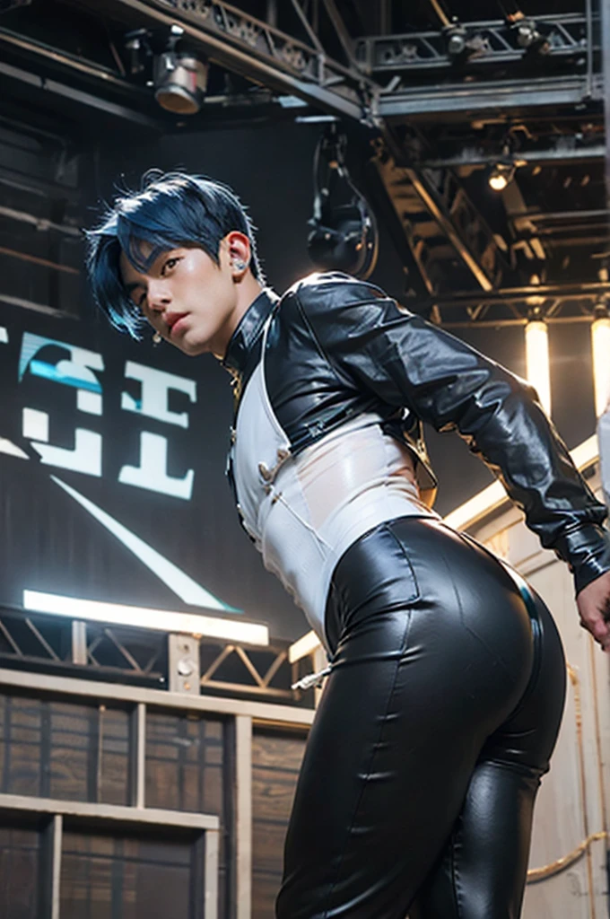 score_9, score_8_up, score_7_up, source_photorealism, best quality, clean face, Lee Ho-seok, man, blue hair with white streaks, blue eyes, short hair, big pecs, perfect body, looking at the viewer, pleasurable expression, sexy bunny outfit, black latex leotard, on stage, standing , acoustic angle, from behind, big ass, low angle, kpop headset , sexy , eroticism , nsfw