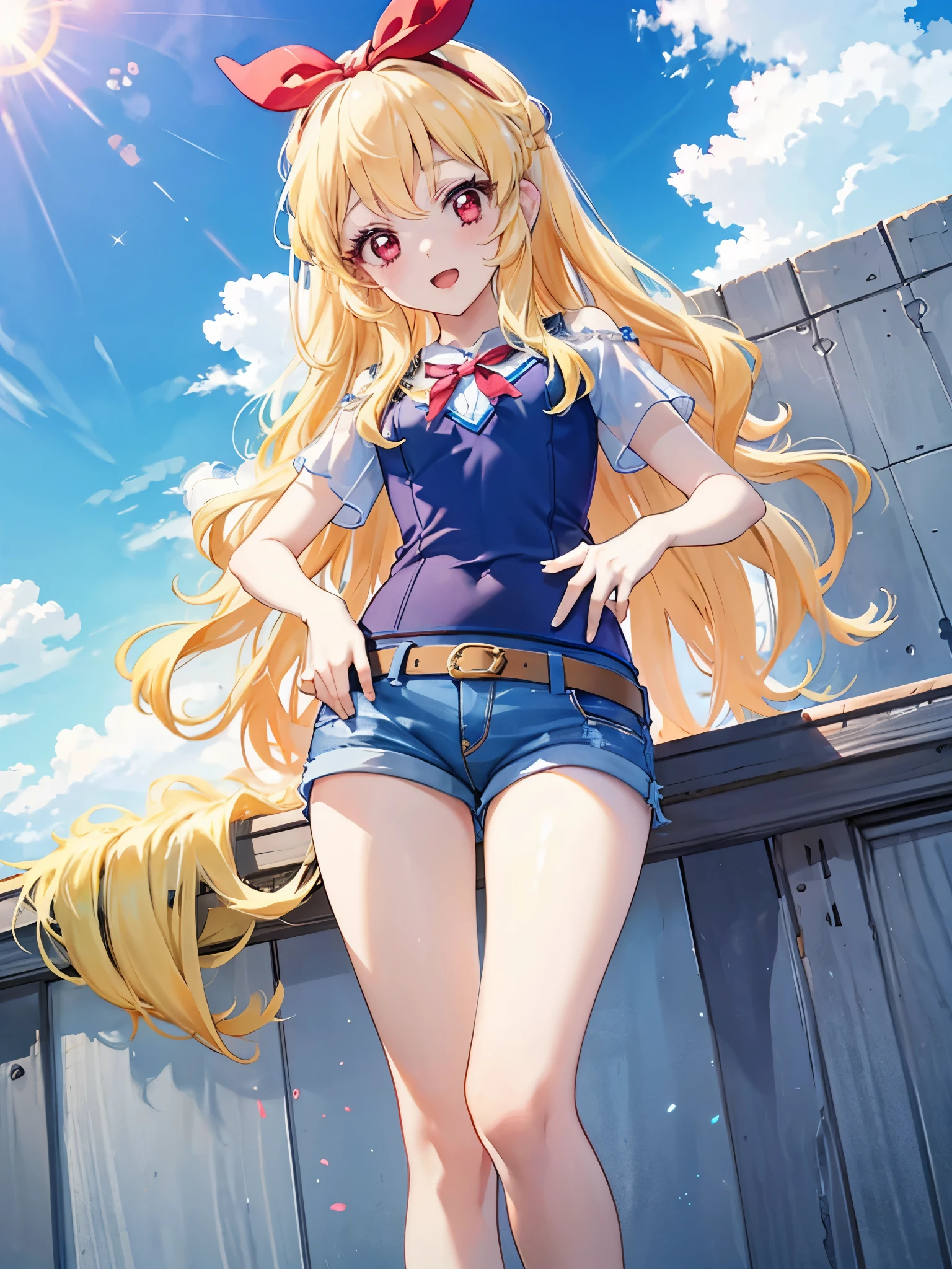 Image of anime girl in Denim shorts sticking out her hips and showing off her hips and thighs, red eyes, one girl, solo, from below, shorts, blonde hair,, shirt, looking at viewer, sky ,red hair ribbon, bow, open mouth, blush, looking down, sun, peek into pants, clouds, denim, blue sky, short sleeves, Hoshimiya Ichigo (Aikatsu!), flat chest, from below, open legs, 1 girl ,solo