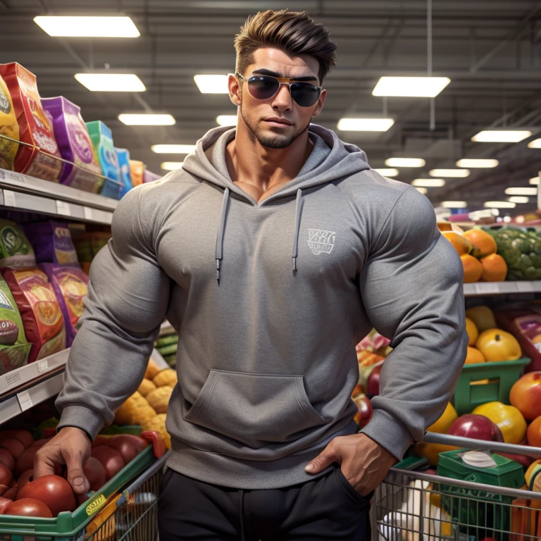 hyper muscles, a very handsome young man, sunglasses, wearing a gray sweatshirt, overly muscular, overly huge muscles, in a supermarket