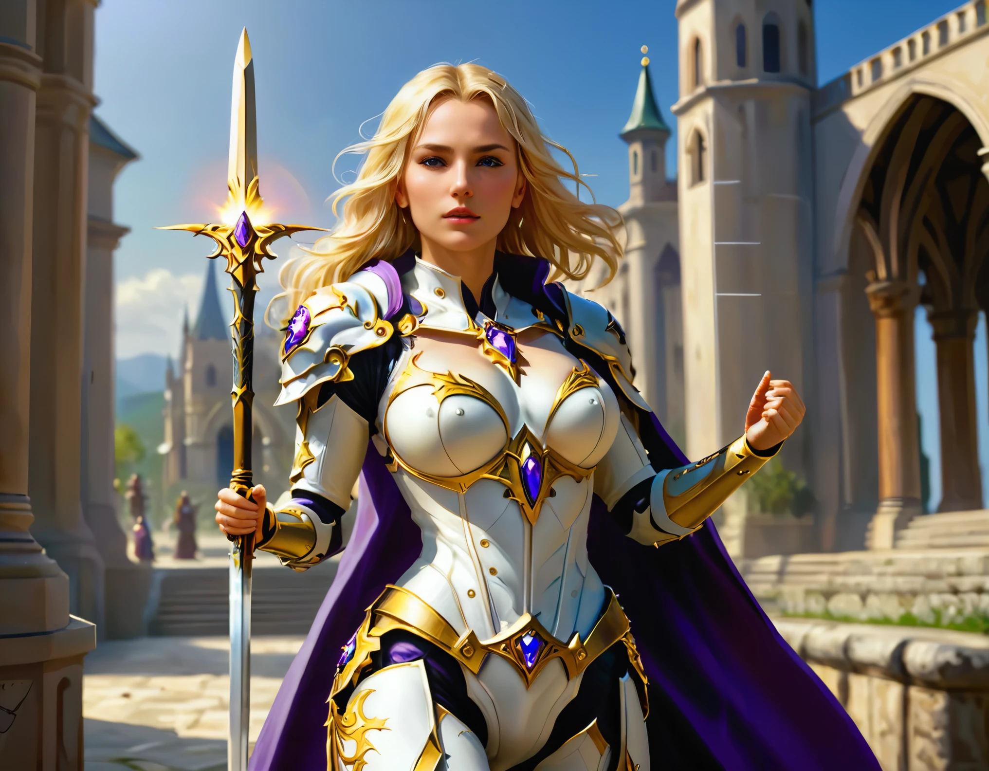 female elf, (Masterpiece 1.5, intense details)cleric, paladin, (Masterpiece 1.5, intense details), casting a spell (Masterpiece 1.3, intense details),wearing heavy white armor (Masterpiece 1.2, intense details), purple cloak with sun symbol, flowing (Masterpiece 1.5, intense details) holy symbol, armed with  (radiant long sword: 1.3),  blond hair,  frown, serious, high detail, Realism, Action painting, depth of field, god rays, wide shot, panorama, Ultra-Wide Angle, UHD, super detail, high quality, 16K, highres, art by mooncryptowow