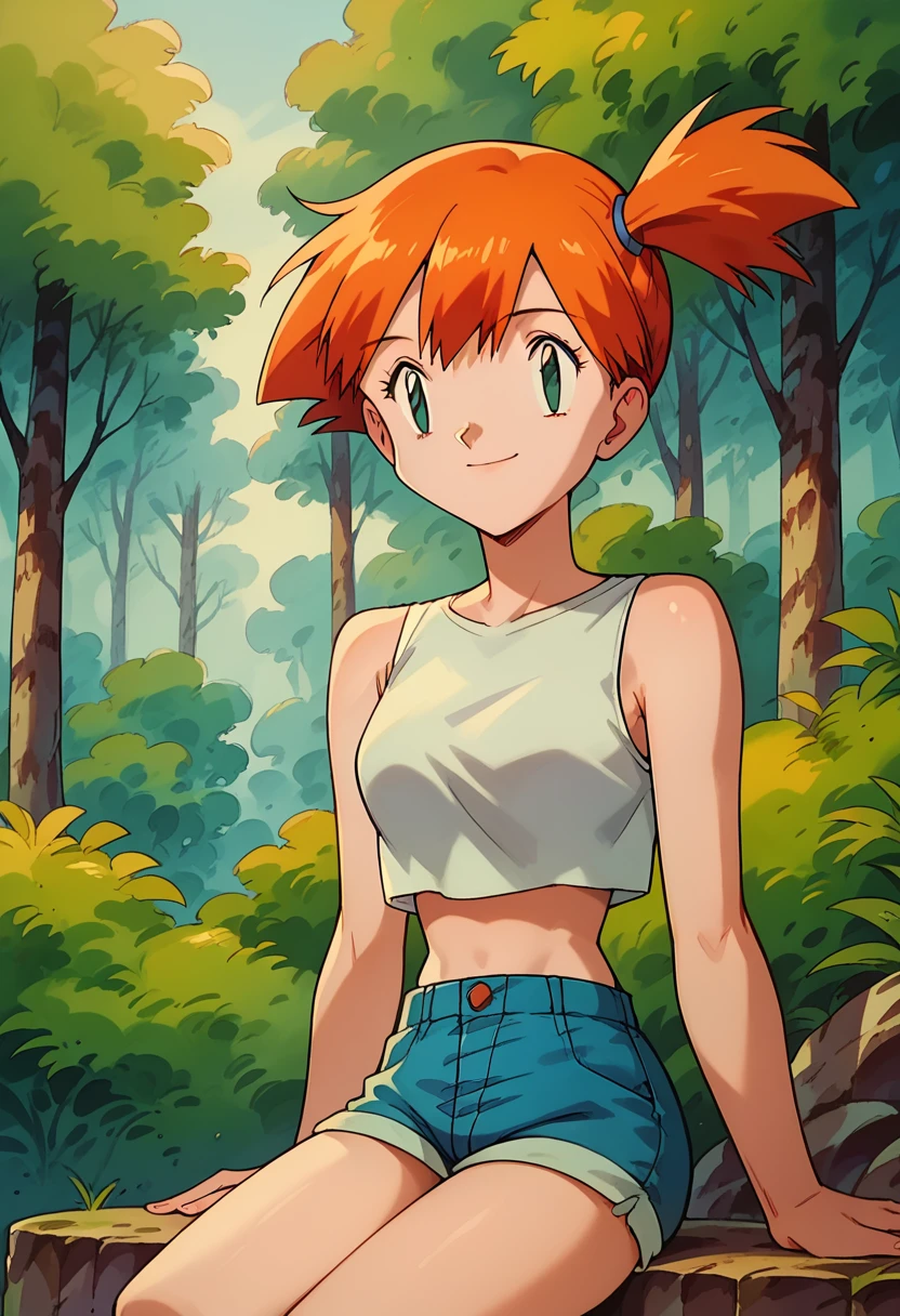 pkmnmisty, 1girl, solo, green eyes, orange hair, short hair, side ponytail, bangs,
white shirt, crop top, sleeveless, bare arms, midriff, short shorts, blue shorts, denim shorts,
smile,closed mouth,cowboy shot,sitting,
forest,outdoor,
(insanely detailed, beautiful detailed face, masterpiece, best quality) cinematic lighting,