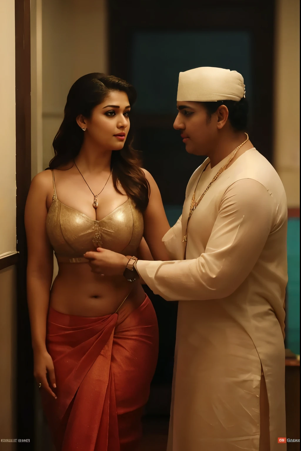 close up photo of nayanthara as sexy teacher in classroom, curvy, hourglass figure, swooping breasts, deep cleavage, open arms, sexy armpits, seductive eyes, sultry, look at viewer lusciously, blue Saree, ponytail, red lips, necklace, 4K, HD