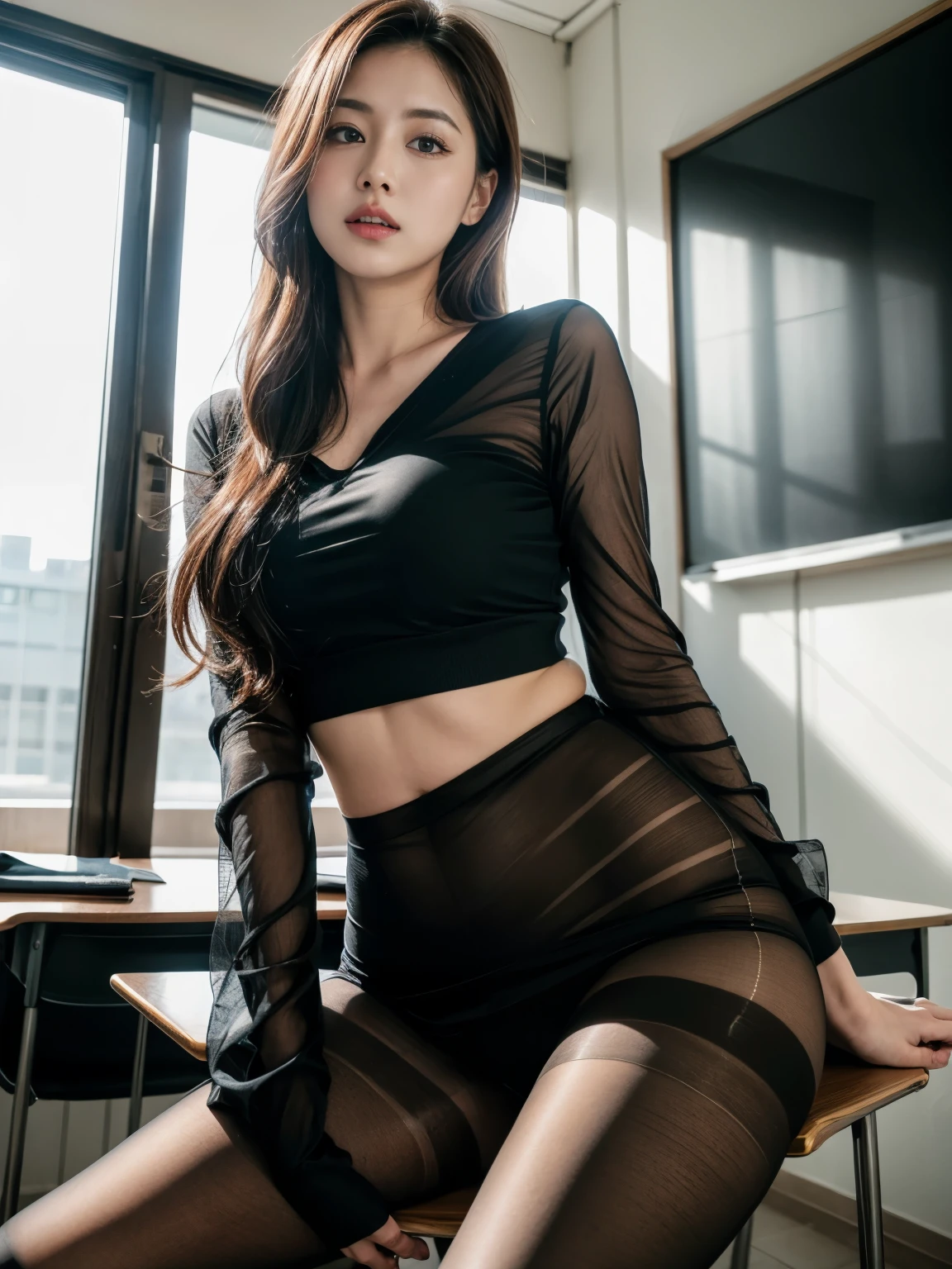 Looking at the viewer while lifting her own breasts from below,16 year old girl,wearing black lace pants