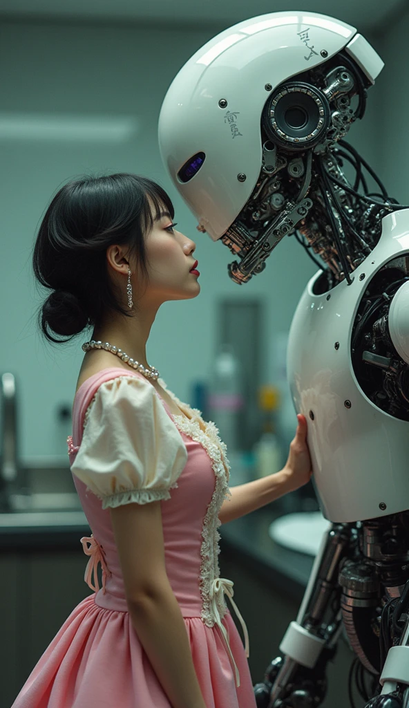 female robot, big breasts, pink lips, white body, robot arms, wearing glove, taking care of teenage boy on the bathroom