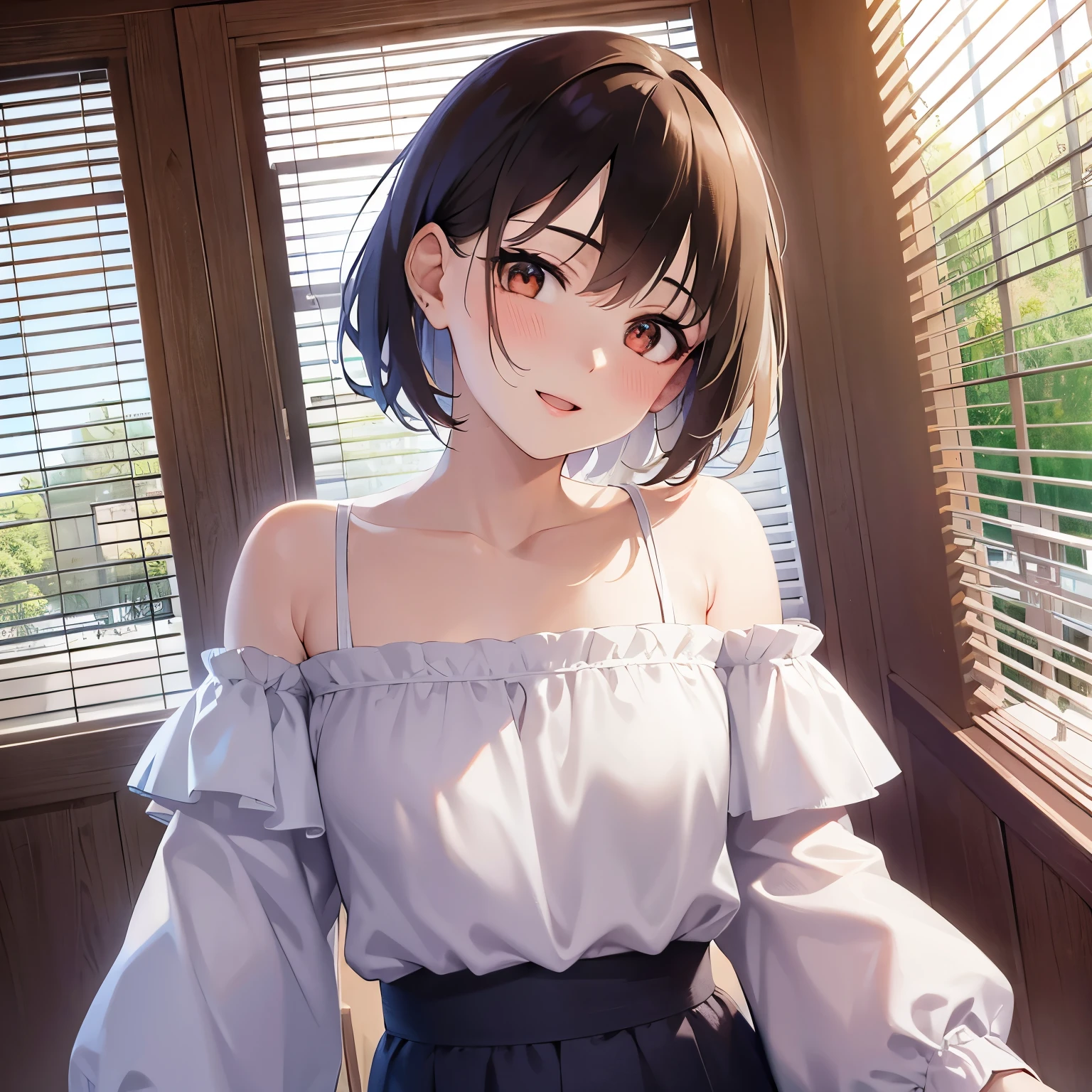Beautiful illustration、top-quality、超A high resolution、Cute little girl s、 String camisole、Sheer clothes、a short skirt、Show white panties))、 cute crown、 Straight black hair、Okabo head、Black eye、White sweat on the face、 Small、