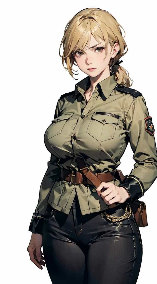 one mature woman,(solo),parietal,
(khaki hair),short ponytail,
brown eyes,(beautiful detailed eyes),
large breast, voluptuous,

((serious)),noble,no ornaments,
military jacket,
long sleeve,military pants,

((cowboy shot)),standing,

((masterpiece)), (best quality),
(ultra-detailed),(perfect anatomy),
high resolution,detailed line art,sharp focus,Tanya Degurechaff