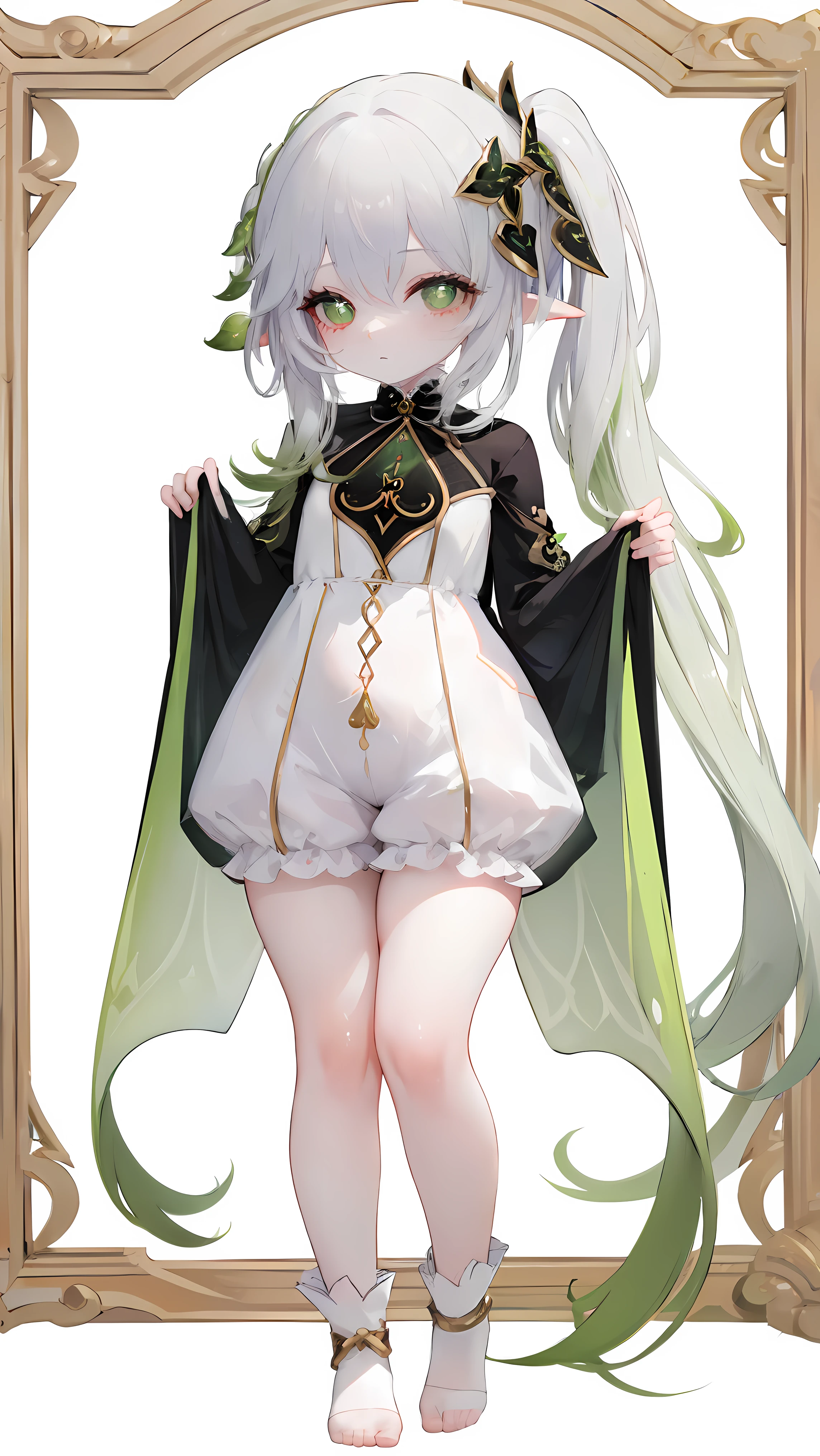 Thick thighs,Nahida,, child, ,child, flat chest, fullbody, head to toe capture on the frame,thick thighs, thick thigh, lolitoes, thick thighs, bloomers,standing straight,white background, cute girl, cute lolita  child,lolita, one piece uniform 