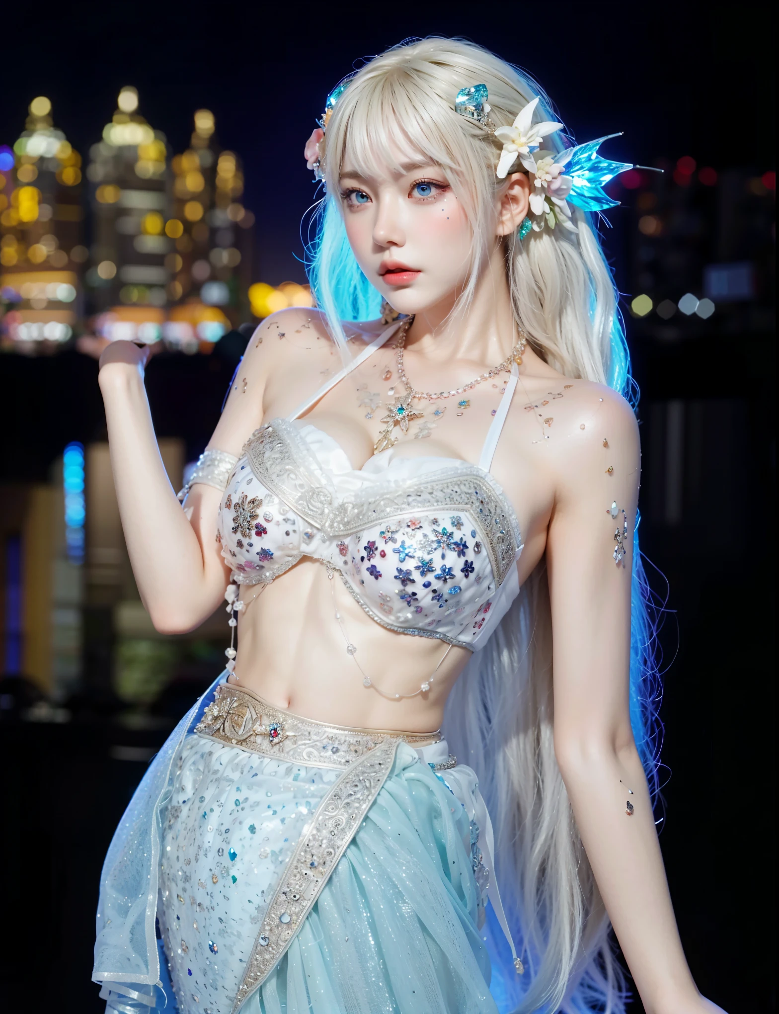 (masterpiece, 8k, best quality, RAW photo, photo realistic, ultra detailed), (insanely detailed and intricate:1.2), (Artstation), (beautiful Japanese girl), (fair skin:1.4), slender, 20yo, kawaii, cute, detailed face, detailed eyes, ((blue eyes:1.4)), (thin eyebrow), detailed skin, (white hair:1.4), (wavy hair), (medium hair), blush, (small breasts), cleavage, (wearing white evening dress:1.3), (detailed fabric), (wedgie), earrings, (necklace), bracelet, (looking at viewer:1.4), (close-up face:1.1), (seductive pose:1.2), (standing:1.2), (arm behind head), (smile), BREAK (surrounded by twinkle stars:1.4), (particle of lights:1.4), (aurora:1.3), (night), (cowboy shot)