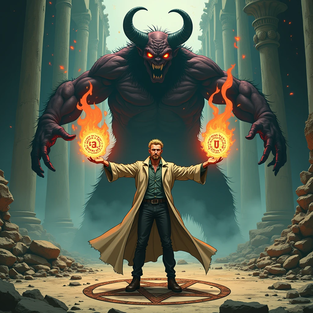 A detailed painting depicting a handsome, mature Asian man in a suit surrounded by a flurry of glowing Magic The Gathering cards and the book Dungeons and Dragons in the center.