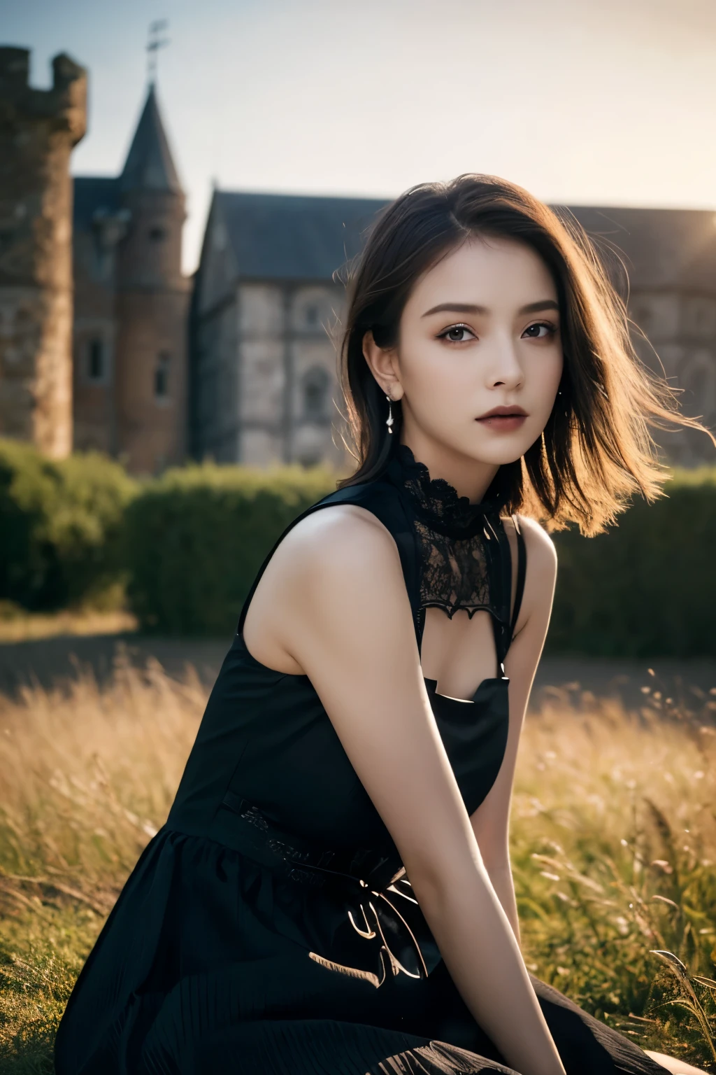 1 girl, (She is wearing a gothic black dress.:1.2), Very beautiful Japanese idol portraits, (RAW Photo Best Quality), (Realistic, Realistic:1.4), (masterpiece:1.4),
So delicate and beautiful, Very detailed, 2k wallpaper, wonderful, finely, Very detailed CG Unity 8K wallpaper, Very detailed, High resolution, Soft Light,
Beautiful detailed girl, Very detailed目と顔, Beautiful and elegant nose Beautiful and beautiful eyes, Cinema Lighting,
(She is standing in front of an abandoned medieval castle:1.3), (Night Sky, milky way), (Girl full body silhouette:1.2), (Dark screen:1.5), (Desolate landscape), (I am so lonely),
(Medium Hair), (Hair blowing in the wind), (Sit on the ground:1.5),
Perfect Anatomy, Slender body, Small breasts