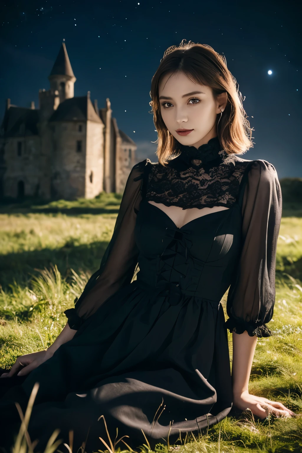 1 girl, (She is wearing a gothic black dress.:1.2), Very beautiful Japanese idol portraits, (RAW Photo Best Quality), (Realistic, Realistic:1.4), (masterpiece:1.4), 
So delicate and beautiful, Very detailed, 2k wallpaper, wonderful, finely, Very detailed CG Unity 8K wallpaper, Very detailed, High resolution, Soft Light, 
Beautiful detailed girl, Very detailed目と顔, Beautiful and elegant nose Beautiful and beautiful eyes, Cinema Lighting, 
(She is standing in front of an abandoned medieval castle:1.3), (Night Sky, milky way), (Girl full body silhouette:1.2), (Dark screen:1.5), (Desolate landscape), (I am so lonely),
(Medium Hair), (Hair blowing in the wind), (Sit on the ground:1.5),
Perfect Anatomy, Slender body, Small breasts