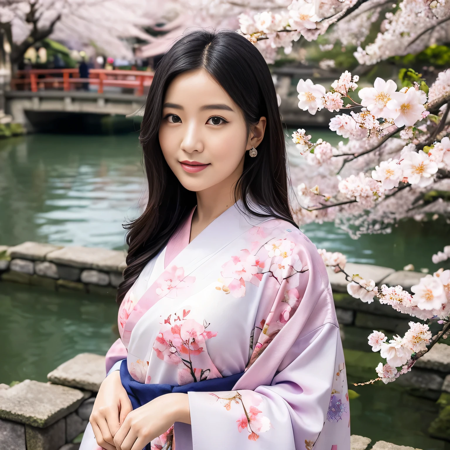 A graceful Japanese woman with long, silky black hair, wearing a vibrant kimono with sakura flower patterns, standing under a blooming cherry blossom tree. Her face is perfectly detailed, with symmetrical features, almond-shaped eyes, and a gentle smile. The fingers of her hands are delicately posed, smooth and natural, resting gently on the fabric of her kimono. The background is a peaceful Japanese garden with a small stone bridge and koi pond. The soft sunlight filters through the cherry blossom petals, creating a serene and ethereal atmosphere. Ensure the face and hands are highly detailed and anatomically correct.
