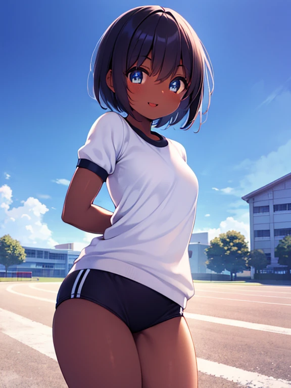 buruma, black buruma, (white short sleeve gym uniform:1.2), 1girl, short hair, (dark skin:1.3), boyish girl, (smile:1.3), (open your mouth:1.3), arms behind back, high school, school yard, daytime, outdoors, cowboy shot, (best quality, 4k, 8k ,highres, masterpiece:1.2), ultra-detailed, detailed eyes, detailed lips, extremely detailed face, longeyelashes, beautiful girl, beautiful detailed eyes, beautiful detailed lips, natural lighting, vibrant colors, cinematic composition,