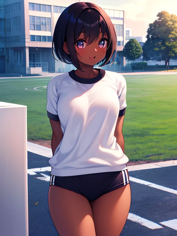 buruma, black buruma, (white short sleeve gym uniform:1.2), 1girl, short hair, (dark skin:1.3), boyish girl, (smile:1.3), (open your mouth:1.3), arms behind back, high school, school yard, daytime, outdoors, cowboy shot, (best quality, 4k, 8k ,highres, masterpiece:1.2), ultra-detailed, detailed eyes, detailed lips, extremely detailed face, longeyelashes, beautiful girl, beautiful detailed eyes, beautiful detailed lips, natural lighting, vibrant colors, cinematic composition,