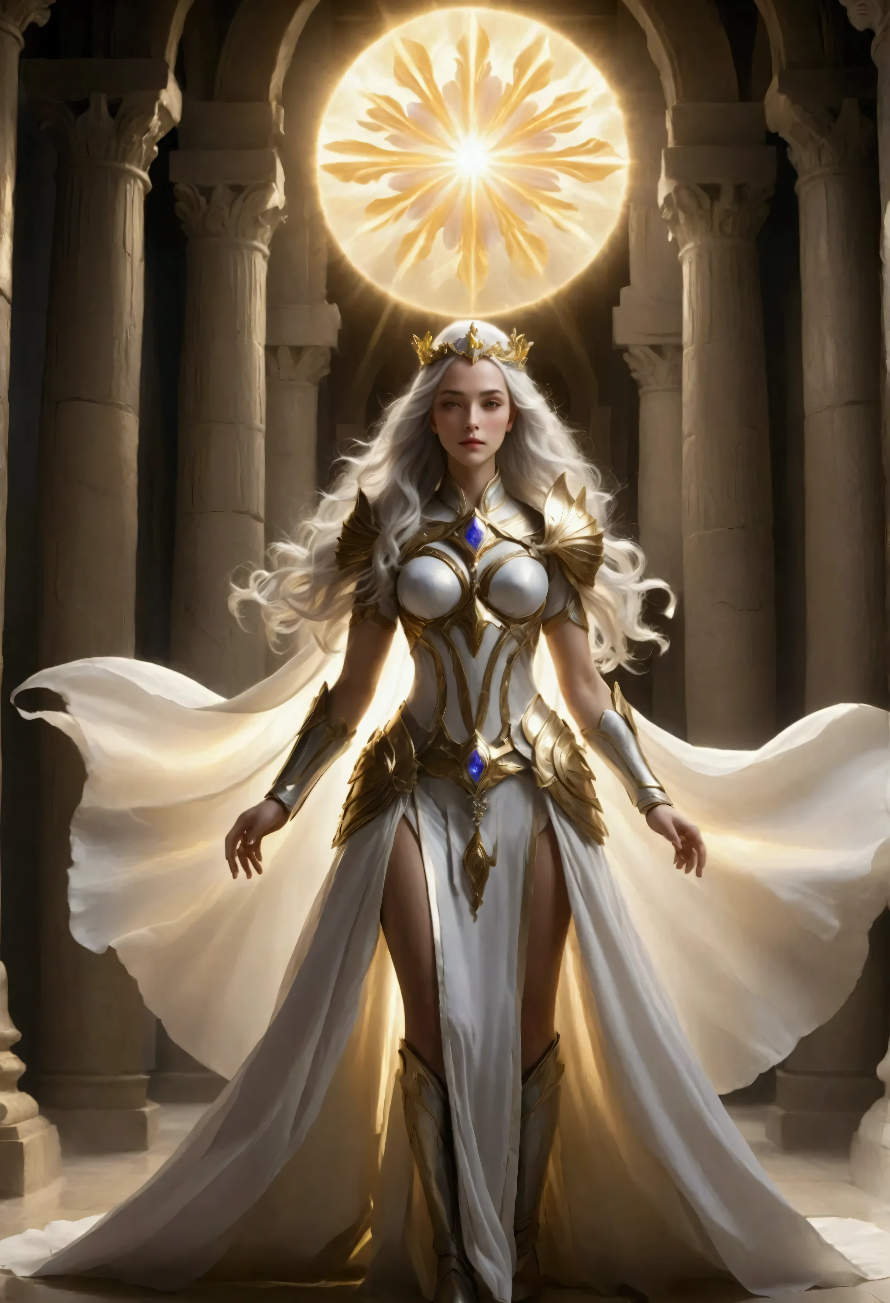 A stunning female paladin stands proudly at the grand entrance of a majestic Paladin temple. Towering stone columns with intricate, sacred engravings frame the scene, while shafts of divine light, or Godrays, cascade from the heavens through the temple’s high arches, bathing the paladin in a radiant, ethereal glow. The air is filled with magical iris petals, softly floating and shimmering with a faint, mystical light, as they drift gracefully across the floor and in the air.

Her long, flowing white hair shimmers under the golden rays, and atop her head, a glowing silver tiara adorned with delicate iris flowers radiates divine energy. Her gleaming armor is adorned with subtle floral designs that glow softly, further enhanced by the magical energy in the air. In one hand, she holds a radiant sword, its blade glowing with holy power, while her other hand grips a magnificent shield that shines with an otherworldly light, centered by an emblem of a glowing iris.

The Godrays piercing through the temple’s entrance create a powerful, almost celestial atmosphere, illuminating the scene with an aura of divine protection. The magical iris petals, infused with light and mystic energy, swirl in the golden beams, adding to the surreal and sacred ambiance. The high-fidelity image captures her as both a protector and a divine figure, with the glowing tiara, weapon, shield, and petals all emphasizing her connection to the divine and her role as a graceful yet powerful guardian.

This masterpiece blends the grandeur of the ancient temple, the divine Godray effect, and the enchanting presence of the magical iris petals into a visually stunning portrayal of the paladin’s strength, beauty, and celestial power.