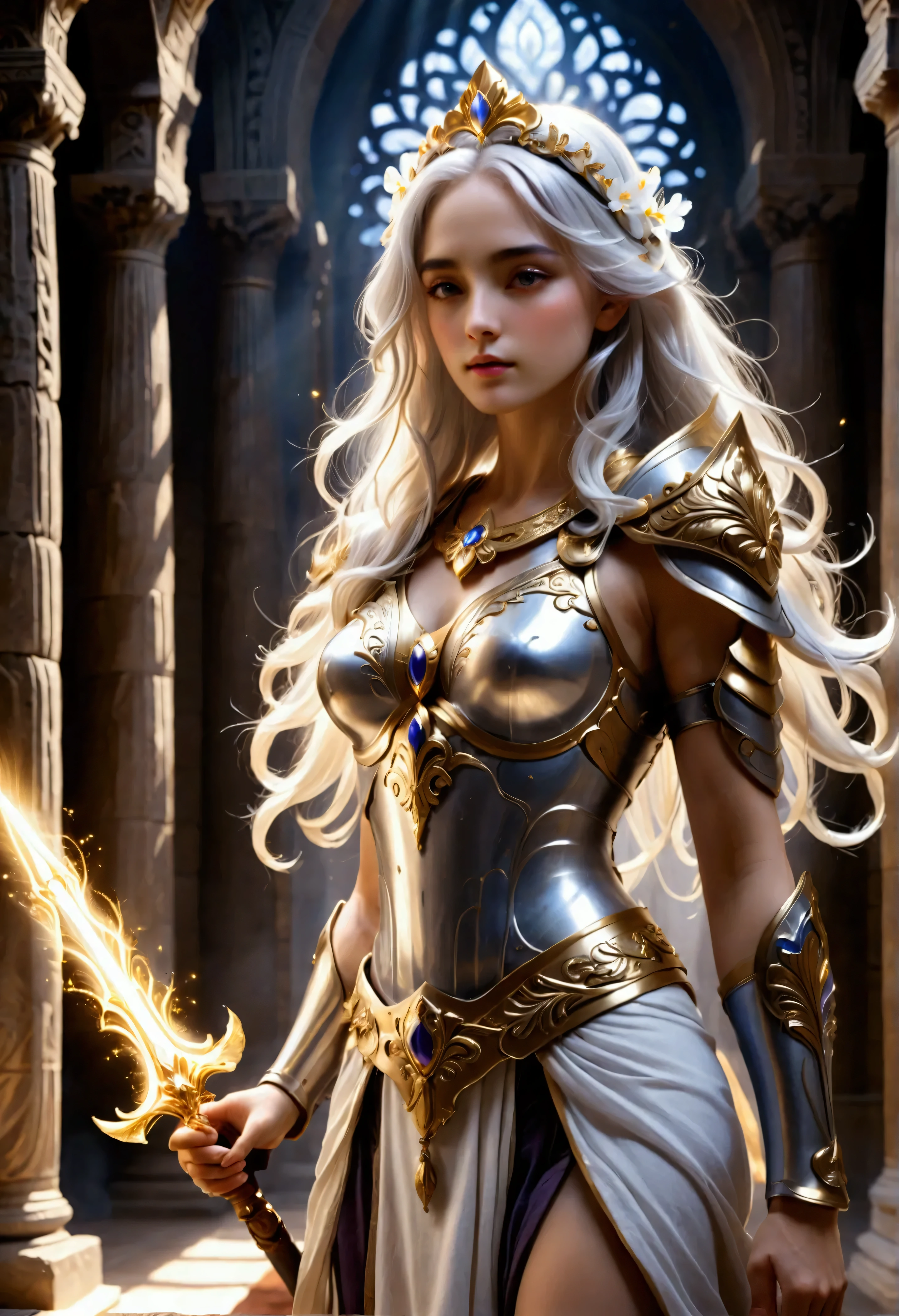 A stunning female paladin stands proudly at the grand entrance of a majestic Paladin temple. Towering stone columns with intricate, sacred engravings frame the scene, while shafts of divine light, or Godrays, cascade from the heavens through the temple’s high arches, bathing the paladin in a radiant, ethereal glow. The air is filled with magical iris petals, softly floating and shimmering with a faint, mystical light, as they drift gracefully across the floor and in the air.

Her long, flowing white hair shimmers under the golden rays, and atop her head, a glowing silver tiara adorned with delicate iris flowers radiates divine energy. Her gleaming armor is adorned with subtle floral designs that glow softly, further enhanced by the magical energy in the air. In one hand, she holds a radiant sword, its blade glowing with holy power, while her other hand grips a magnificent shield that shines with an otherworldly light, centered by an emblem of a glowing iris.

The Godrays piercing through the temple’s entrance create a powerful, almost celestial atmosphere, illuminating the scene with an aura of divine protection. The magical iris petals, infused with light and mystic energy, swirl in the golden beams, adding to the surreal and sacred ambiance. The high-fidelity image captures her as both a protector and a divine figure, with the glowing tiara, weapon, shield, and petals all emphasizing her connection to the divine and her role as a graceful yet powerful guardian.

This masterpiece blends the grandeur of the ancient temple, the divine Godray effect, and the enchanting presence of the magical iris petals into a visually stunning portrayal of the paladin’s strength, beauty, and celestial power.