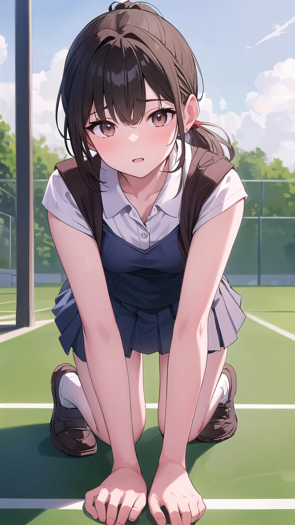 (Masterpiece:1.2), (high quality), (pixiv:1.4), (anime:1.4),(1 girl),12 years old,cute,standing,(both hands on skirt:1.3),white lightblue tennis uniform,(showing white race panties),(lifted by self ),dark hair, straight hair,medium breasts,from below,glistening skin,genital line,bashful,embarrassed,from below,panties focus,brown eyes,tennis court,from front,no-sleeve