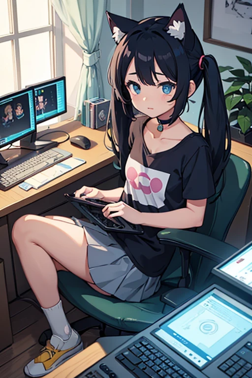 Anime girl in a room with many electronic devices, Alone, Pixiv, Pixel Art, Lo-fi Girl, cute anime cat girl, Lofi Artstyle, Lo-fi Girl aesthetic, Anime aesthetics, Portrait of Rofi, Cat ears anime girl, Lofi Art, Beautiful anime cat girl, nekomimi,　A girl with cat ears in a small room with many computer monitors, Black Hair, Shoulder-length twin tails, Pokemon Coil