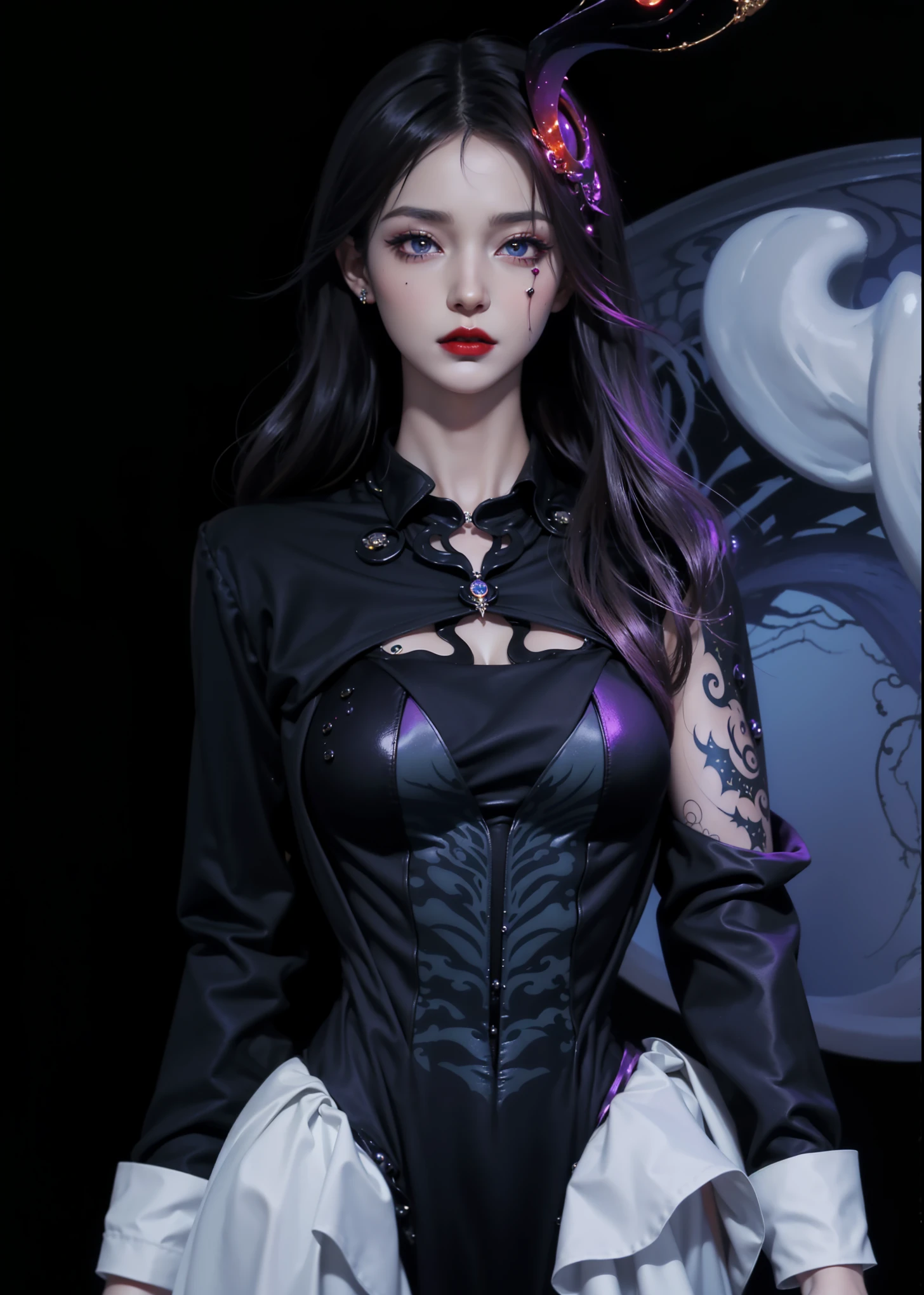 8K, UHD, MAsterpiece, best quality, 1 girl, ((realistic face)), happy pace, very long hair, small breasts, perfect waist, decorated dress, very beautiful ornaments dress, black color, ((lace)), mesh dress, mesh cape flowing, sardine, loops, ((ornaments)), legendary night balcony, depth of field, cinematic lighting, chromatic aberration, motion blur, glowing light, god rays, ray tracing, ((reflection light)), backlighting, bloom, chromatic aberration abuse, multiple monochrome, sitting,