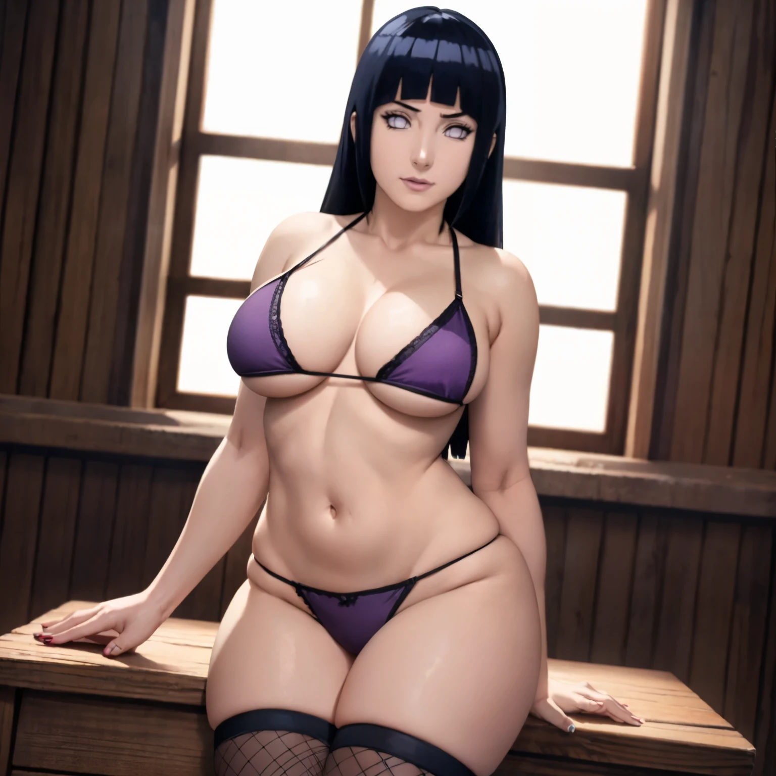 (masterpiece), best quality, expressive eyes, perfect face, hinata from Naruto in sexy wearing red  stockings 30 year old women seductive body big breasts big thigs facing towards screen curvy body long hair  parted lips Lockhart feminine figure body in  lingerie stockings, beautiful expressive eyes , scar on chest, 4k backlighting smirky face full sexy body in neon bikini and stockings 